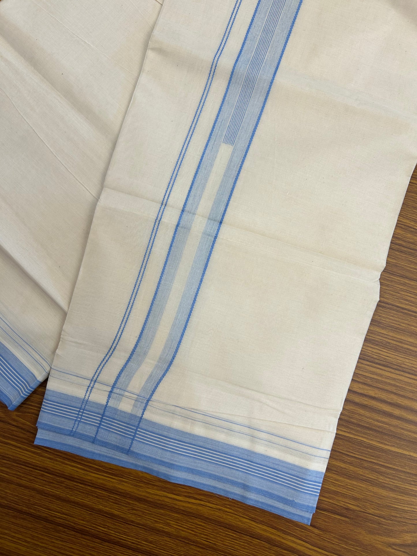 20% Discount ! Kaitharikada Balaramapuram 100% Cotton Off White Double Mundu/Dothi - 100x80- 1.5 Inch Blue Striped Design Kara - 4mtr (8.5muzham)- 19 KK5250 VIN