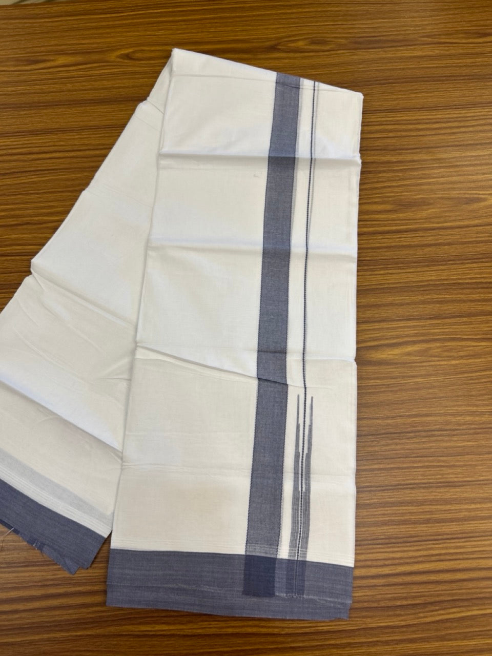 20% Discount! KaithariKada Balaramapuram 100% Cotton Double Pure white Mundu/Dhoti- 60s - 1.25 inch Ash Blue shaded chutty kara - 3.90mtr ( 8 muzham) - 27 KK5279 CKS