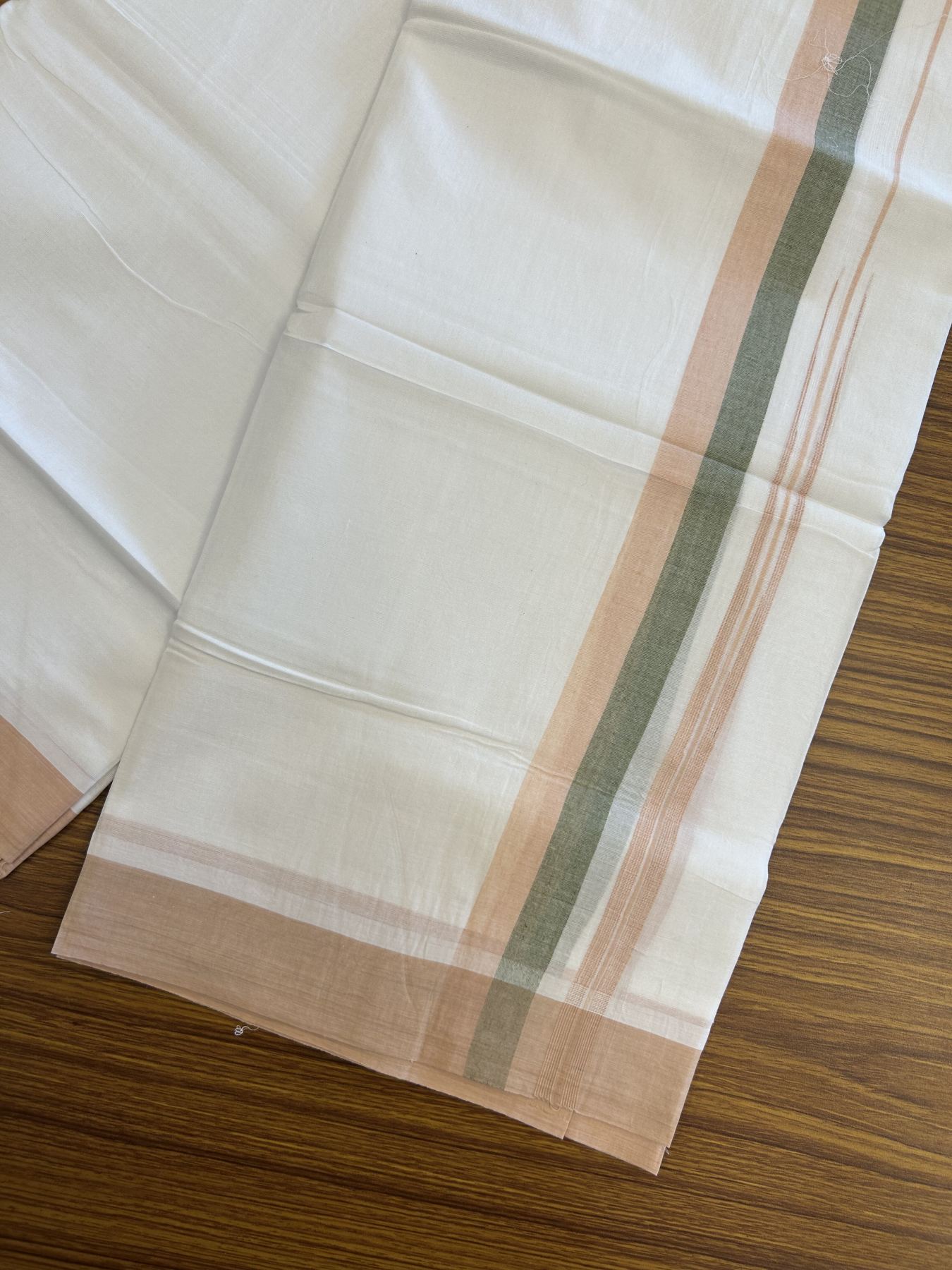 20% Discount ! Kaitharikada Balaramapuram 100% Pure Cotton Double Pure White Mundu/Dhoti - 100x80 - 1.25 inch Olive Green & Light Peach Striped Shaded Chutty 3.90 mtr (8 muzham) - 16 KK5312 PMC