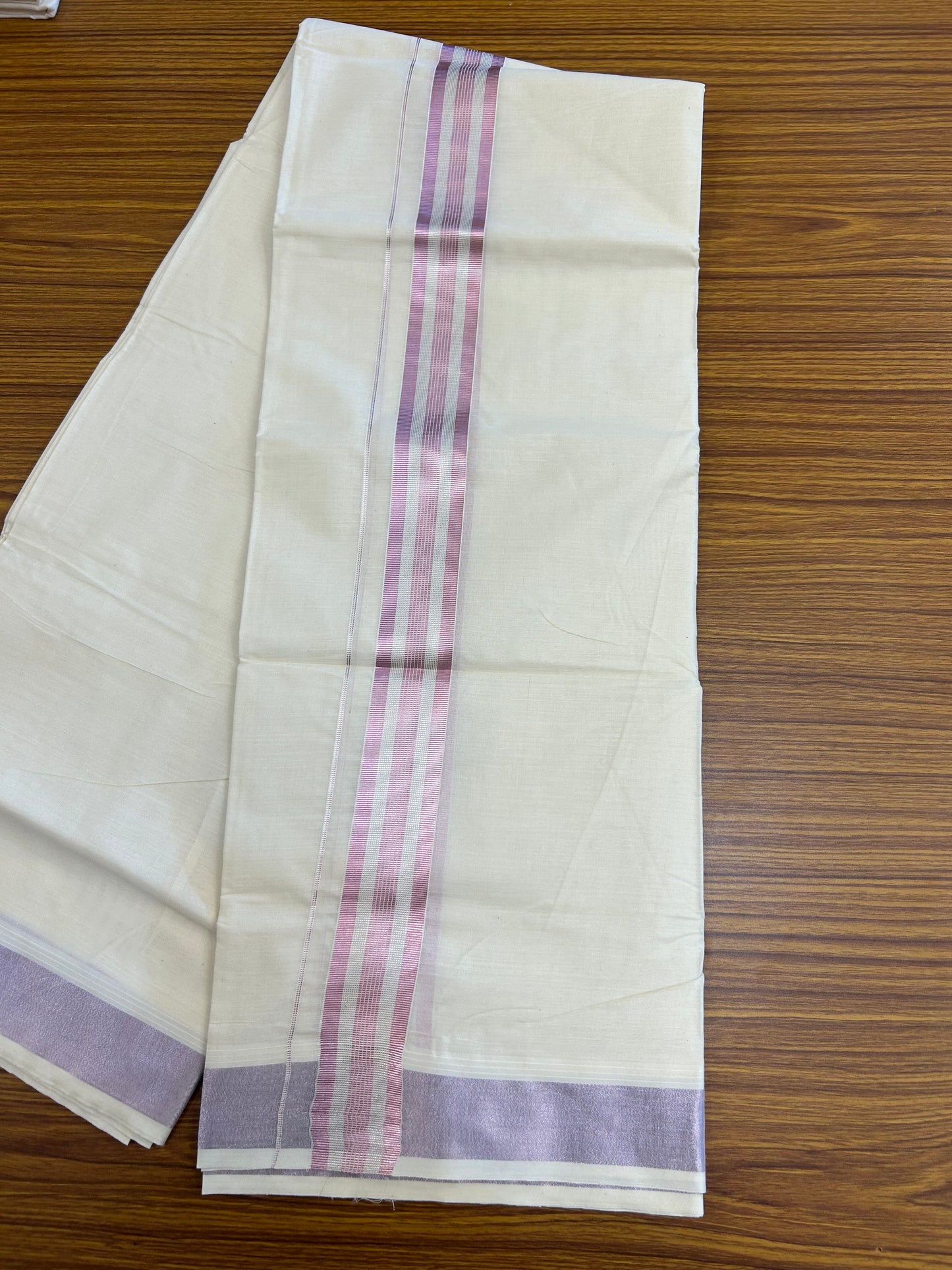 20% Discount ! Kaitharikada Balaramapuram 100% Cotton Off White Double Mundu/Dothi - 100x80- 1.5 Inch Silver Kasav & Rose Pink Kasav Striped Kara - 4mtr (8.5muzham)- 27 KK5250 VIN