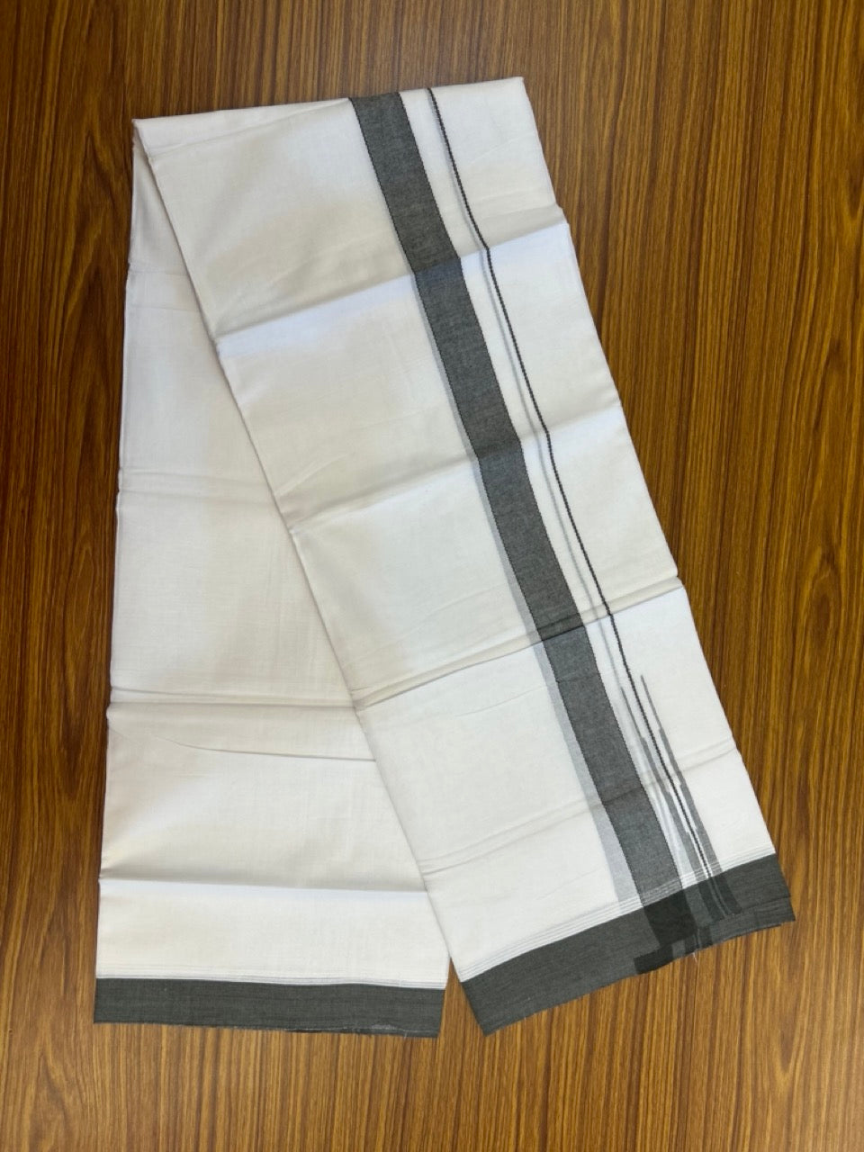 20% Discount! KaithariKada Balaramapuram 100% Cotton Double Pure white Mundu/Dhoti- 60s - 1.25 inch Dark Olive green shaded chutty kara - 3.90mtr ( 8 muzham) - 24 KK5279 CKS