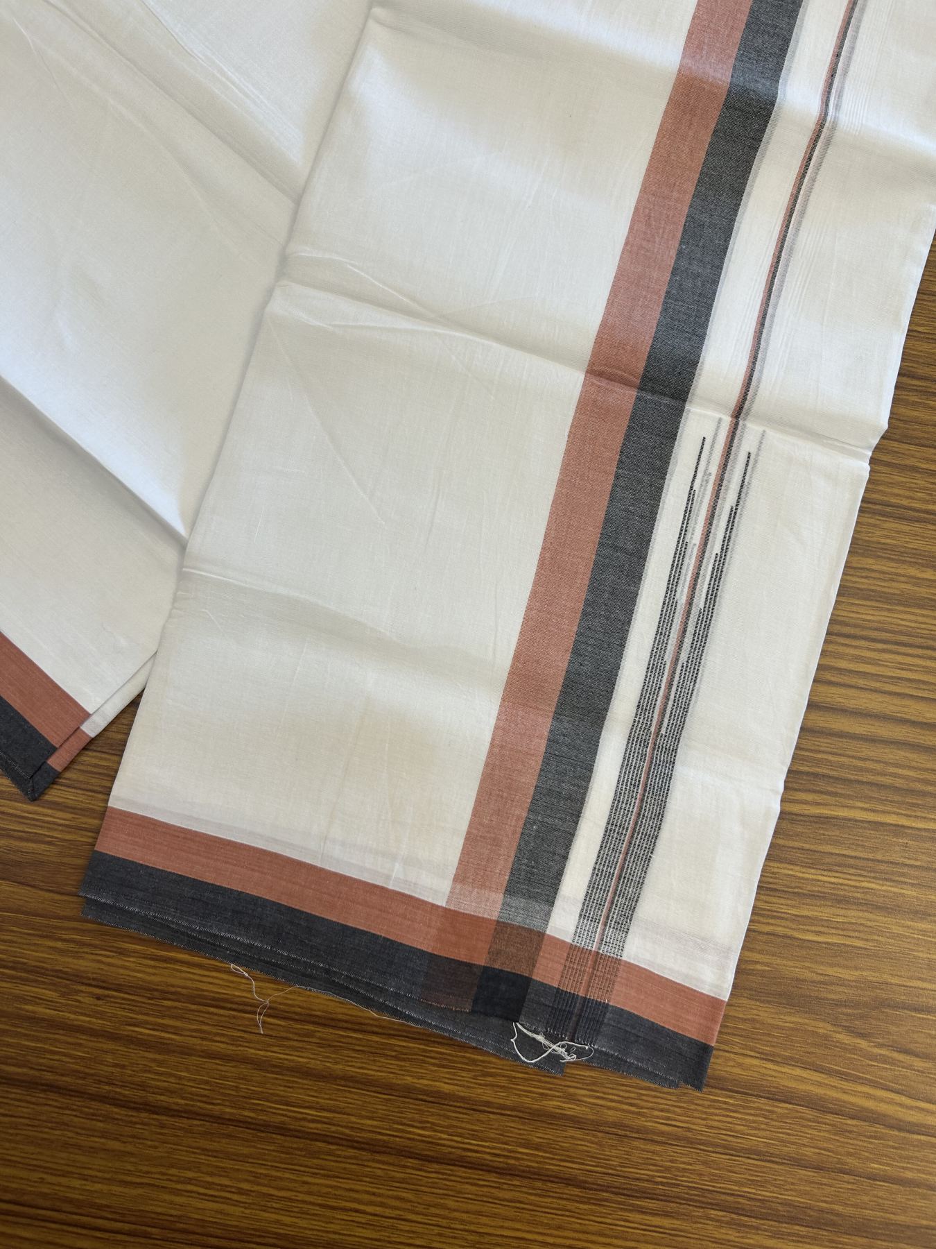 20% Discount ! Kaitharikada Balaramapuram 100% Pure Cotton Double Pure White Mundu/Dhoti - 100x80 - 1.25 inch Cinnamon Brown & Black Striped Shaded Chutty 3.90 mtr (8 muzham) - 21 KK5312 PMC