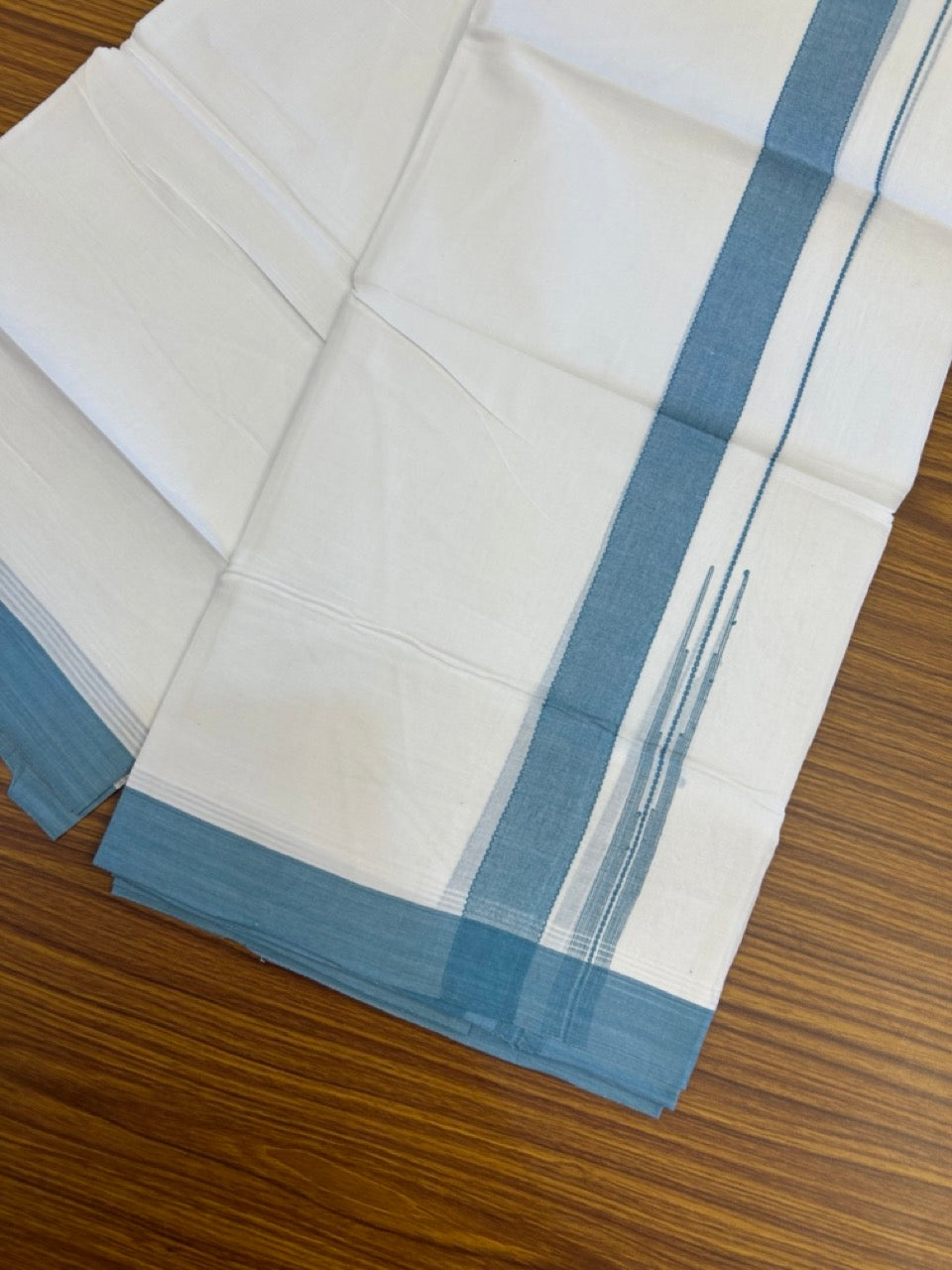 20% Discount! KaithariKada Balaramapuram 100% Cotton Double Pure white Mundu/Dhoti- 60s - 1.25 inch Blue Green shaded chutty kara - 3.90mtr ( 8 muzham) - 28 KK5279 CKS