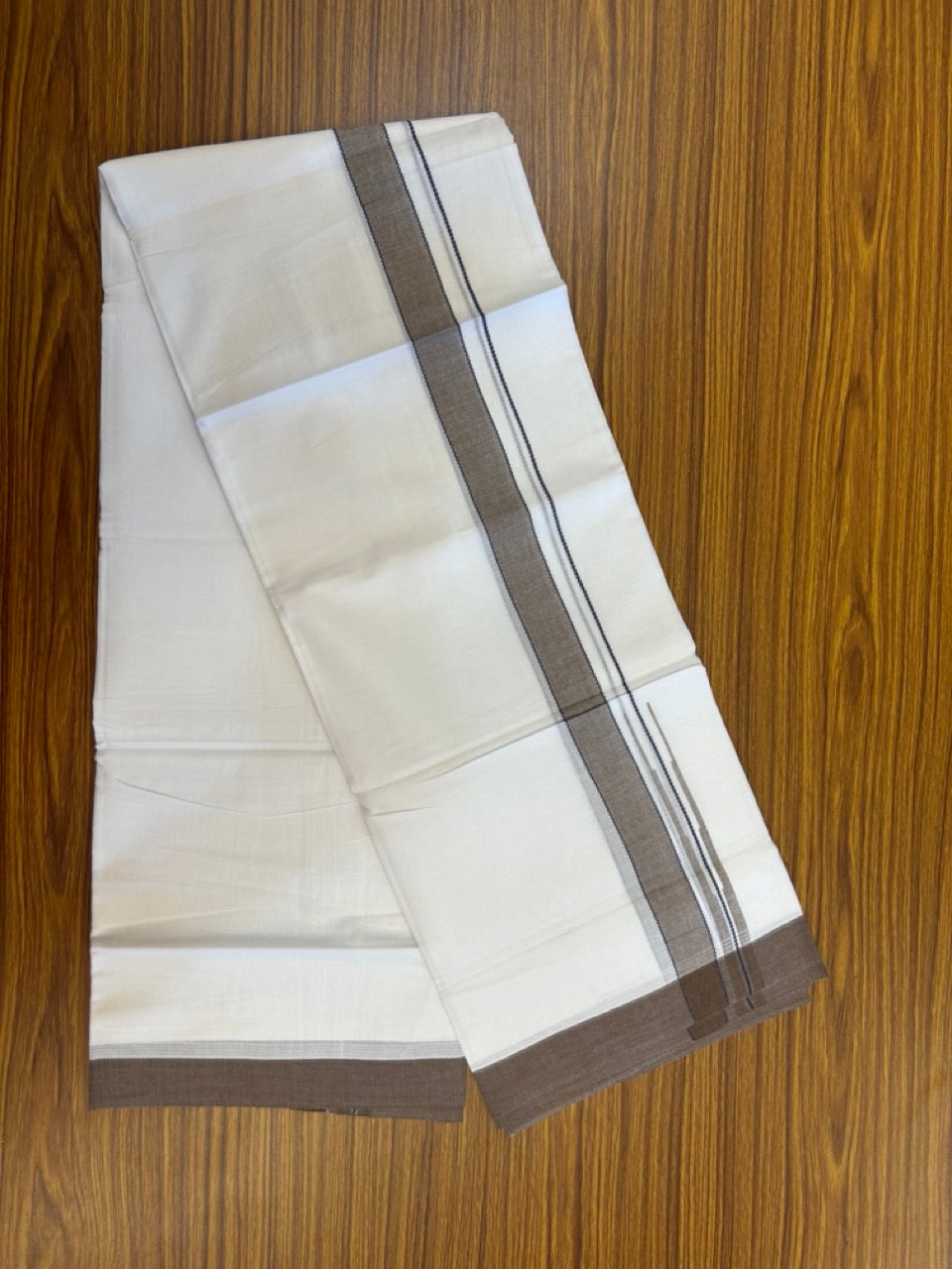 20% Discount! KaithariKada Balaramapuram 100% Cotton Double Pure white Mundu/Dhoti- 60s - 1.25 inch Navy Blue striped Brown shaded chutty kara - 3.90mtr ( 8 muzham) - 33 KK5279 CKS
