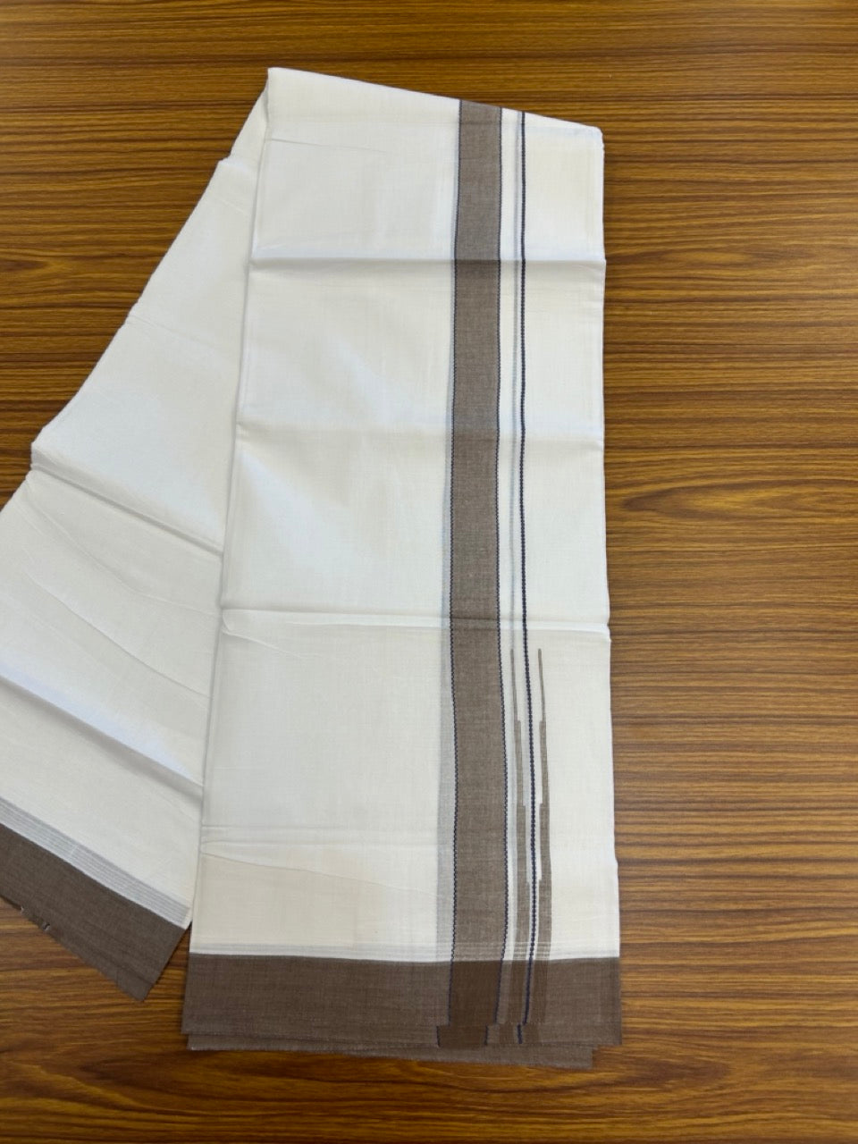 20% Discount! KaithariKada Balaramapuram 100% Cotton Double Pure white Mundu/Dhoti- 60s - 1.25 inch Navy Blue striped Brown shaded chutty kara - 3.90mtr ( 8 muzham) - 33 KK5279 CKS