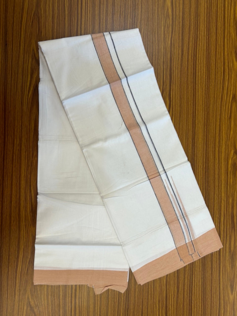 20% Discount! KaithariKada Balaramapuram 100% Cotton Double Pure white Mundu/Dhoti- 60s - 1.25 inch Navy Blue striped Peach orange shaded chutty kara - 3.90mtr ( 8 muzham) - 32 KK5279 CKS