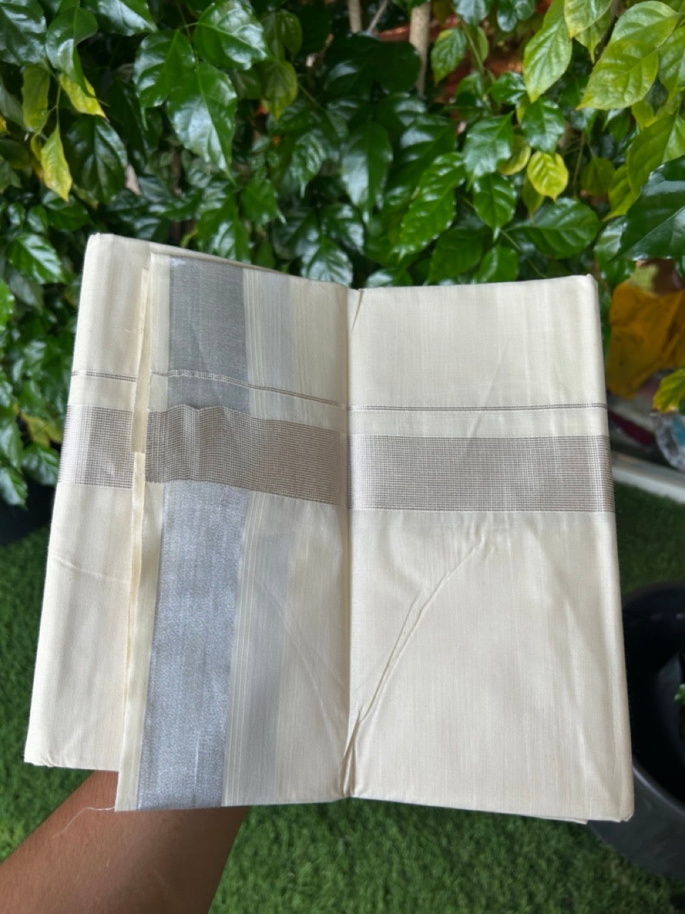20% Discount ! KaithariKada Balaramapuram - Pure Cotton Off White (Unbleached) Double Mundu/Dhoti - 100X80 - 1.5 inch Silver Kasav Striped Kara 4 mtr (8.5 Muzham) - 3 KK5250 VIN