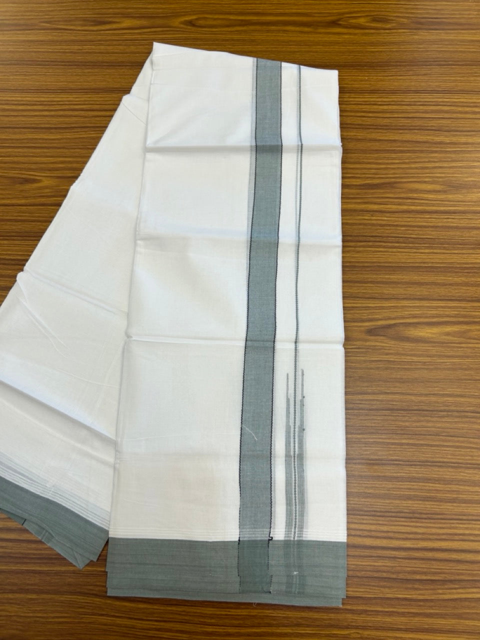 20% Discount! KaithariKada Balaramapuram 100% Cotton Double Pure white Mundu/Dhoti- 60s - 1.25 inch Black striped Greyish green shaded chutty kara - 3.90mtr ( 8 muzham) - 30 KK5279 CKS