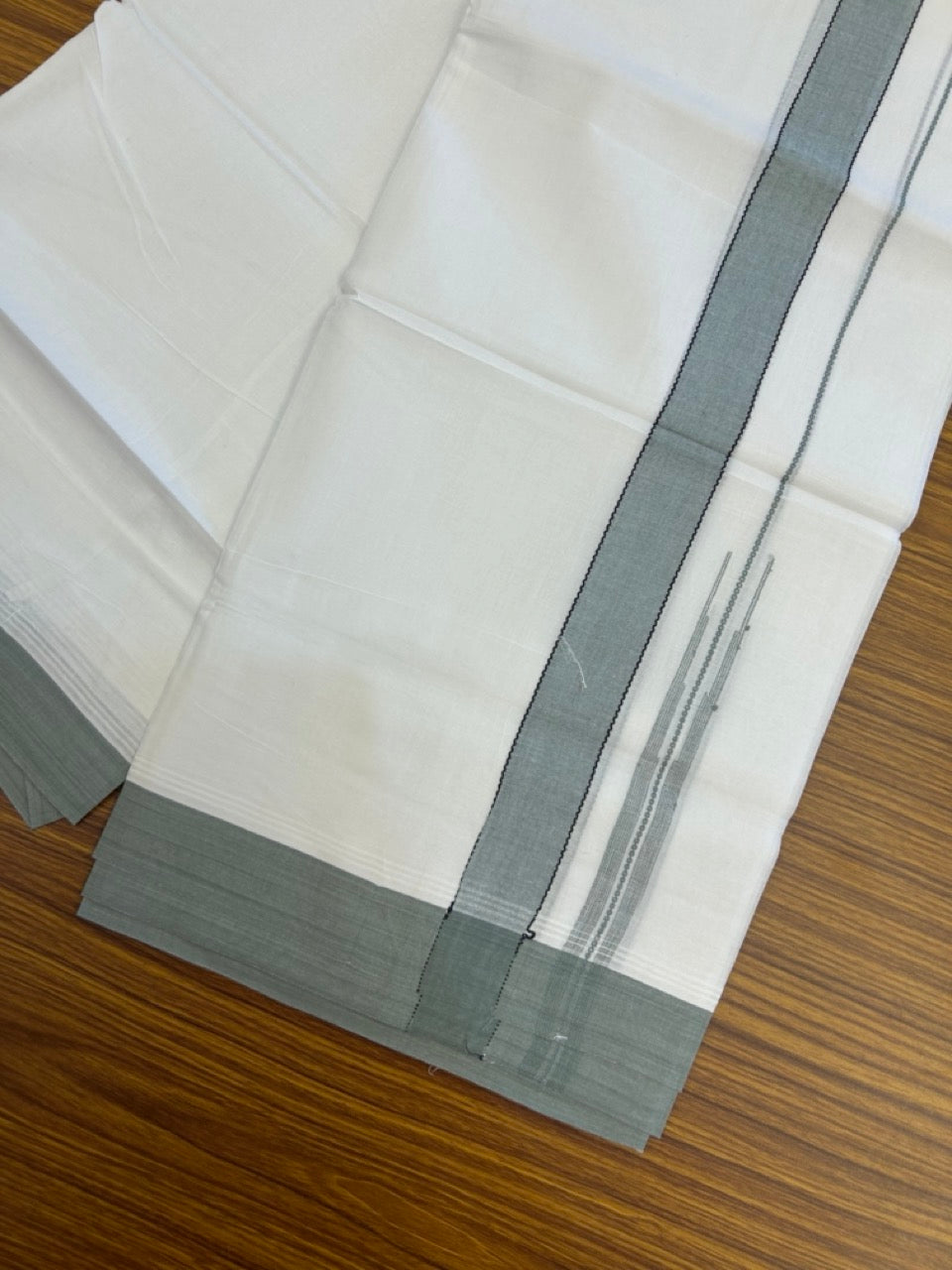 20% Discount! KaithariKada Balaramapuram 100% Cotton Double Pure white Mundu/Dhoti- 60s - 1.25 inch Black striped Greyish green shaded chutty kara - 3.90mtr ( 8 muzham) - 30 KK5279 CKS
