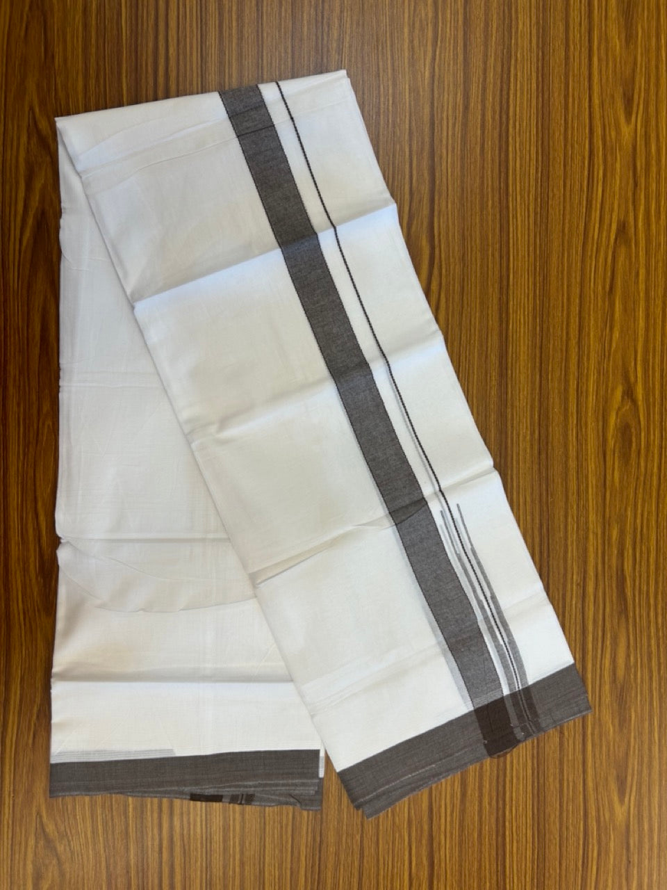20% Discount! KaithariKada Balaramapuram 100% Cotton Double Pure white Mundu/Dhoti- 60s - 1.25 inch Brown shaded chutty kara - 3.90mtr ( 8 muzham) - 25 KK5279 CKS