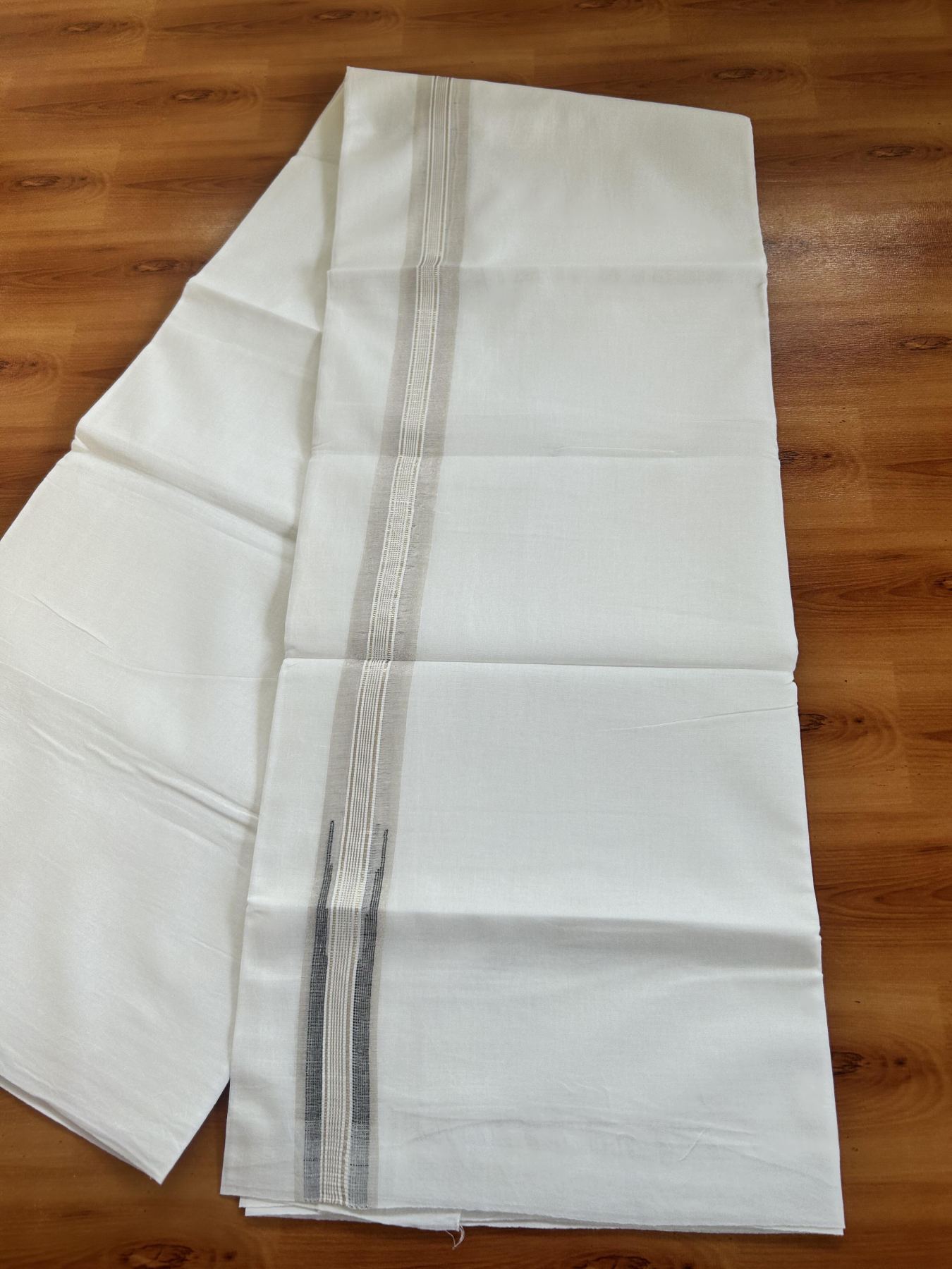 Double Pure White Mundu/Dhoti - 20% Discount !! KaithariKada Balaramapuram 100% Cotton - 100x80 - 3 cm Black Silver Kasav Stripes Chutty Kara 3.80 mtr (8 muzham) - 36 KK5414 CKS