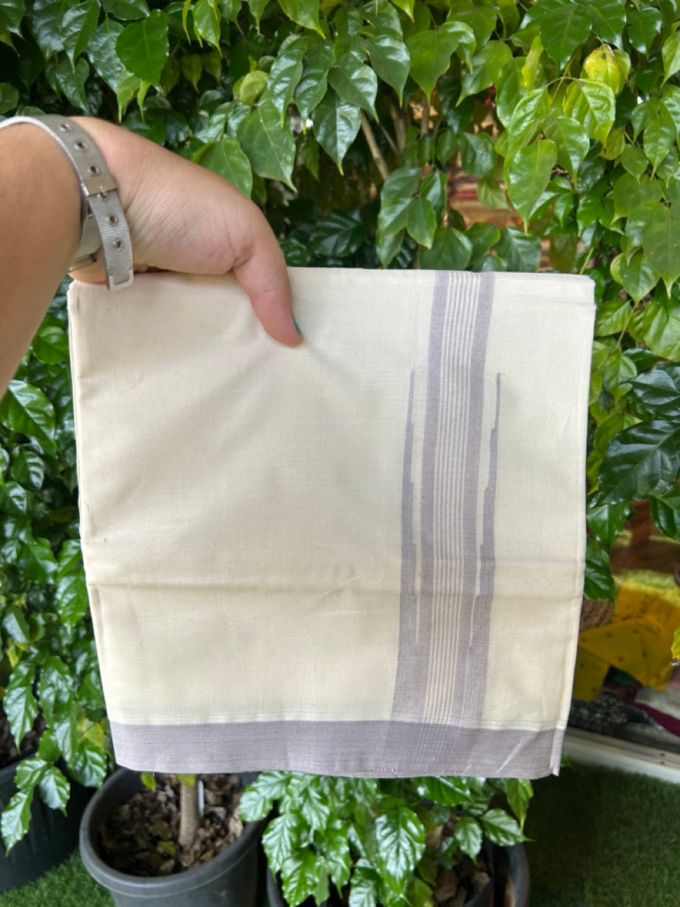 20% Discount ! Kaitharikada Balaramapuram 100% Cotton Off White Double Mundu/Dothi - 100x80- 2 Inch Puliyilakkara Ash Lavender Striped Chutty Kara - 4mtr (8.5muzham)- 23 KK5250 VIN