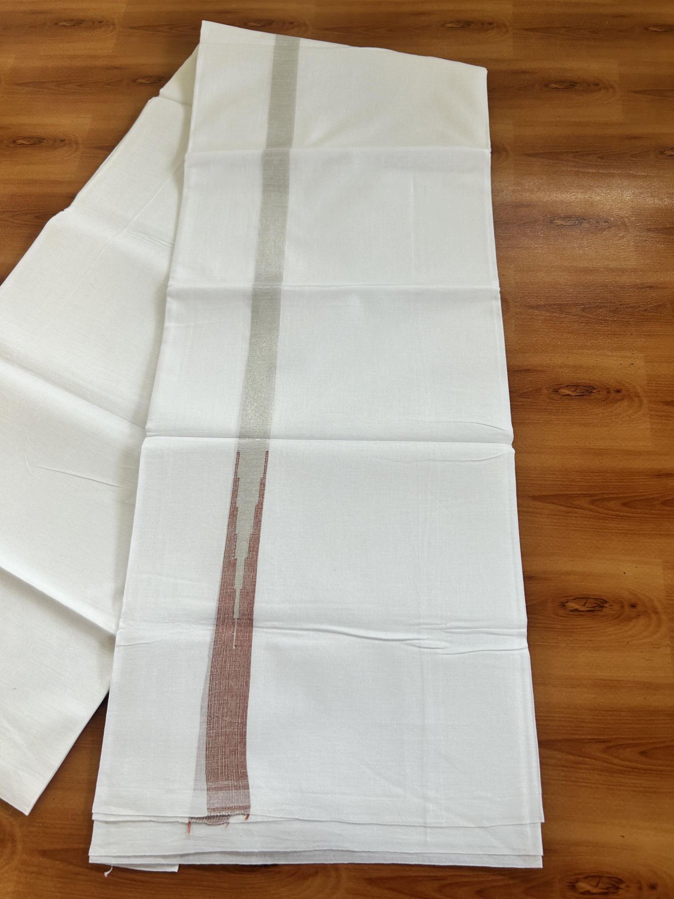 Double Pure White Mundu/Dhoti - 20% Discount !! KaithariKada Balaramapuram 100% Cotton - 100x80 - 0.75 inch Brick Red Silver Kasav Chutty Kara 3.80 mtr (8 muzham) - 26 KK5414 CKS