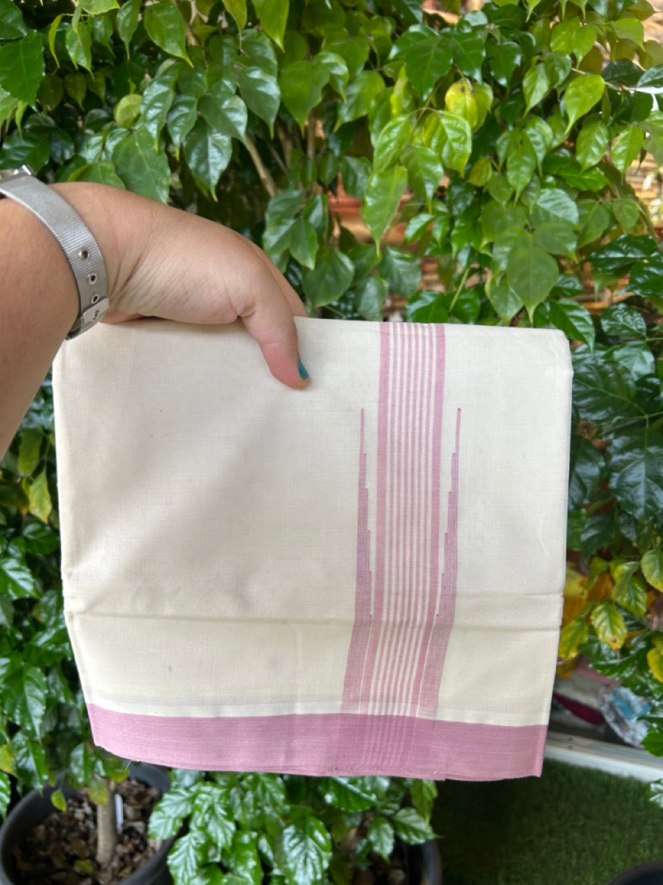 20% Discount ! Kaitharikada Balaramapuram 100% Cotton Off White Double Mundu/Dothi - 100x80- 2 Inch Puliyilakkara Light Rose Pink Striped Chutty Kara - 4mtr (8.5muzham)- 25 KK5250 VIN