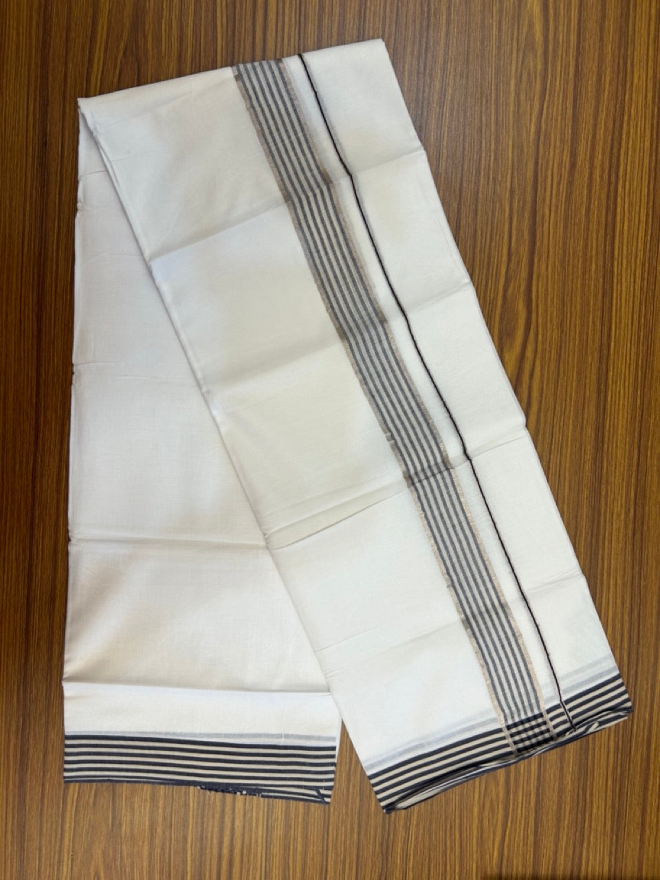 20% Discount! KaithariKada Balaramapuram 100% Cotton Double Pure white Mundu/Dhoti- 100x80 - 1.5 inch Silver Navy Blue & Cream Striped kara - 3.90mtr ( 8 muzham) - 68 KK5279 CKS
