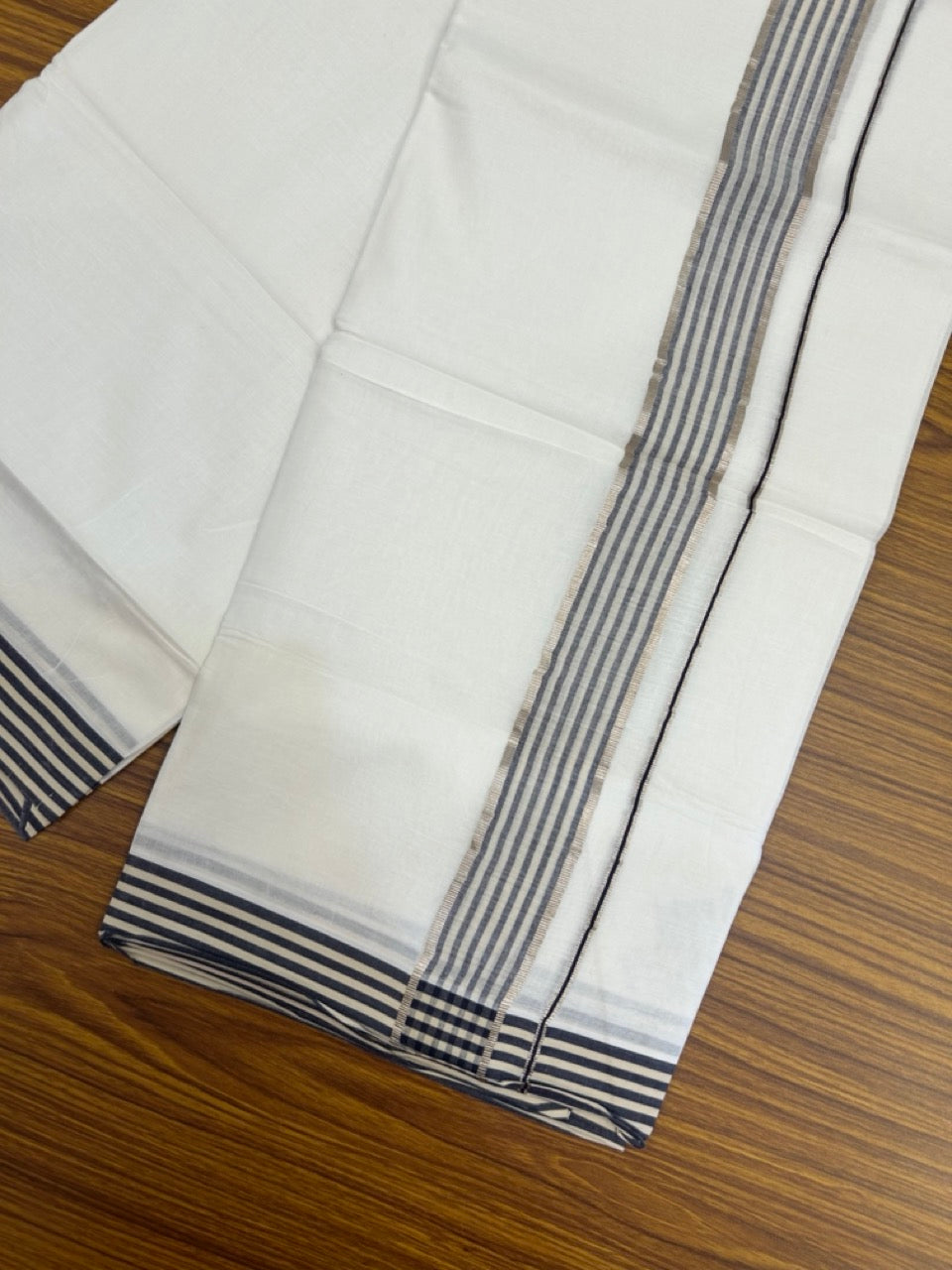 20% Discount! KaithariKada Balaramapuram 100% Cotton Double Pure white Mundu/Dhoti- 100x80 - 1.5 inch Silver Navy Blue & Cream Striped kara - 3.90mtr ( 8 muzham) - 68 KK5279 CKS