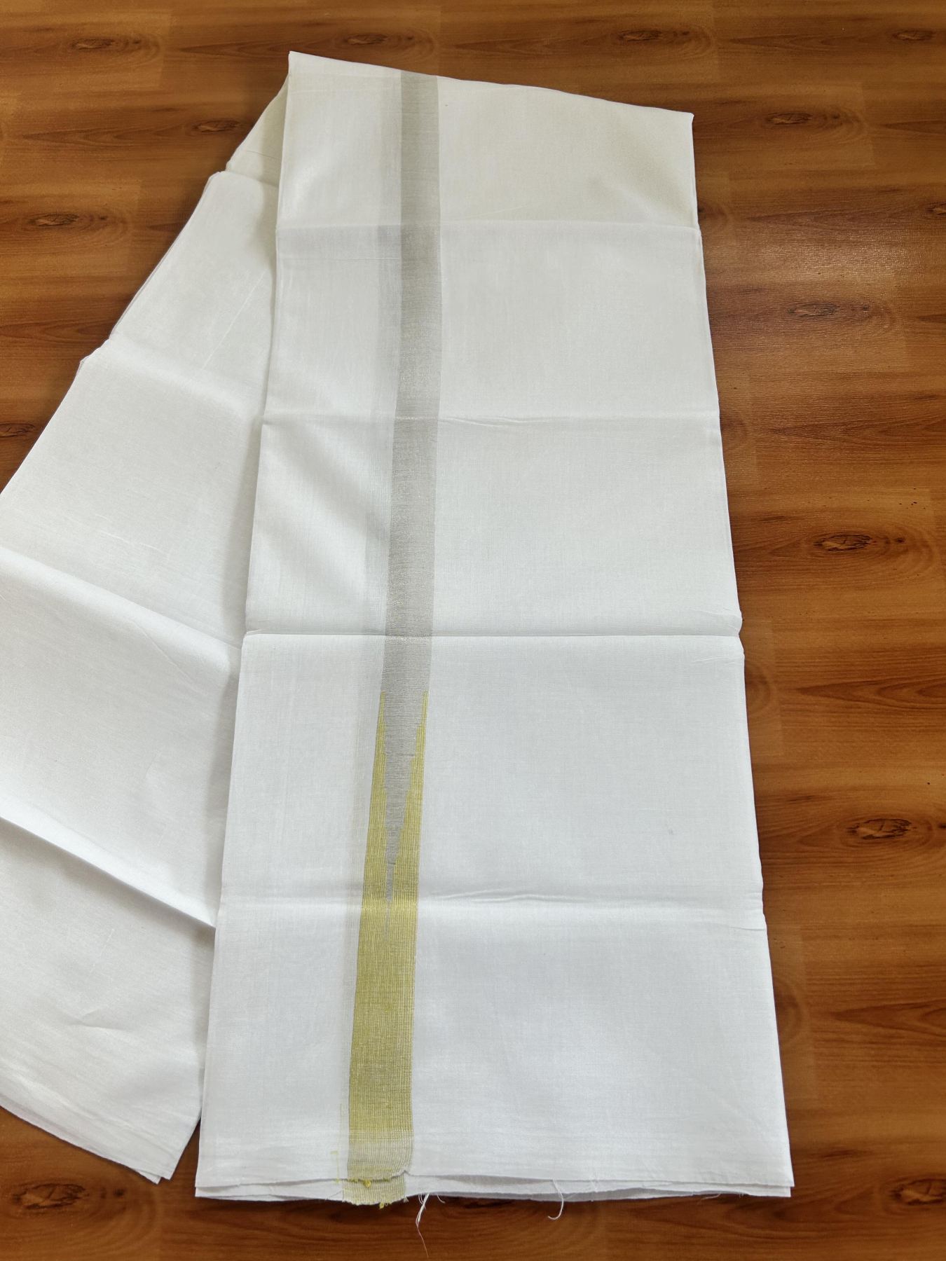 Double Pure White Mundu/Dhoti - 20% Discount !! KaithariKada Balaramapuram 100% Cotton - 100x80 - 0.75 inch Yellow Silver Kasav Chutty Kara 3.80 mtr (8 muzham) - 30 KK5414 CKS