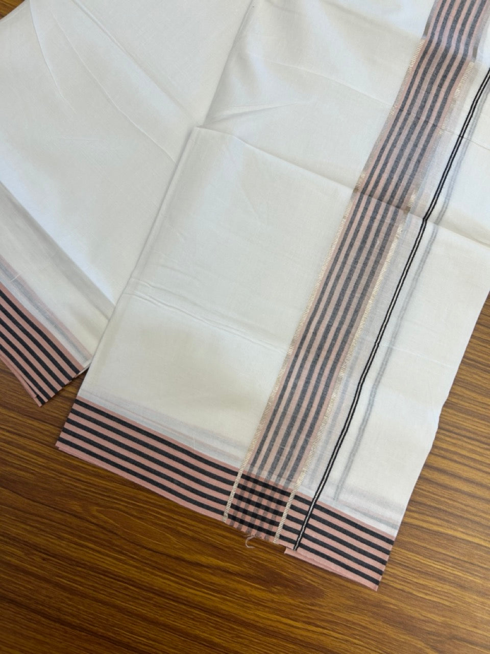 20% Discount! KaithariKada Balaramapuram 100% Cotton Double Pure white Mundu/Dhoti- 100x80 - 1.5 inch Silver Black & Dusty Rose Striped kara - 3.90mtr ( 8 muzham) - 71 KK5279 CKS