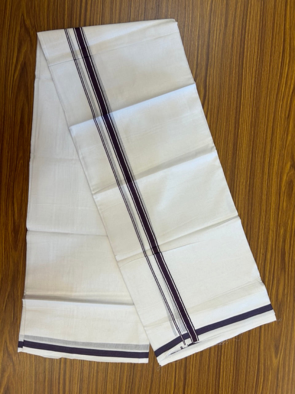 14% Discount! KaithariKada Balaramapuram 100% Cotton Double Pure white Mundu/Dhoti- 100x100 - 0.5 inch Violet Striped kara - 3.90mtr ( 8 muzham) - 61 KK5279 CKS