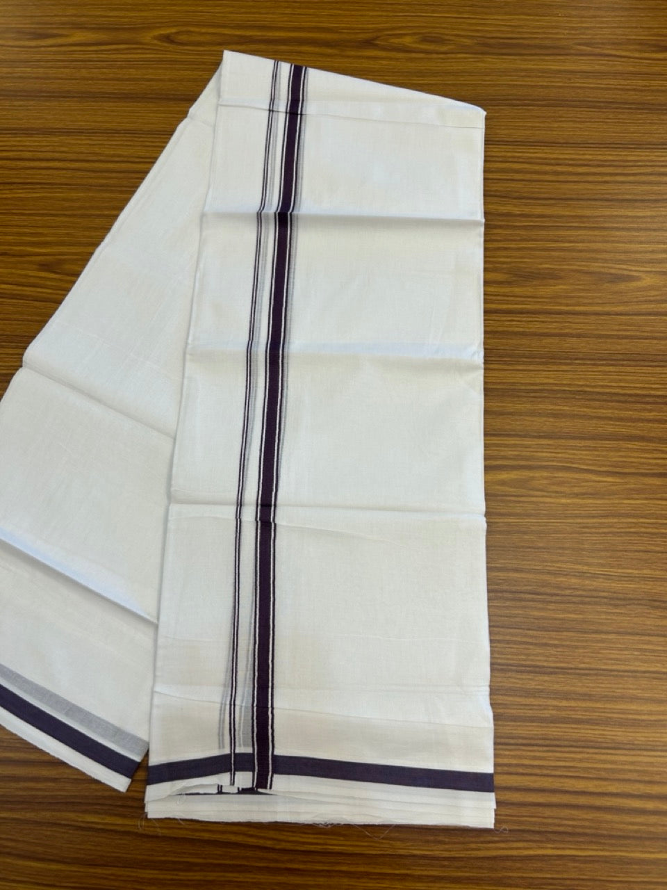 14% Discount! KaithariKada Balaramapuram 100% Cotton Double Pure white Mundu/Dhoti- 100x100 - 0.5 inch Violet Striped kara - 3.90mtr ( 8 muzham) - 61 KK5279 CKS
