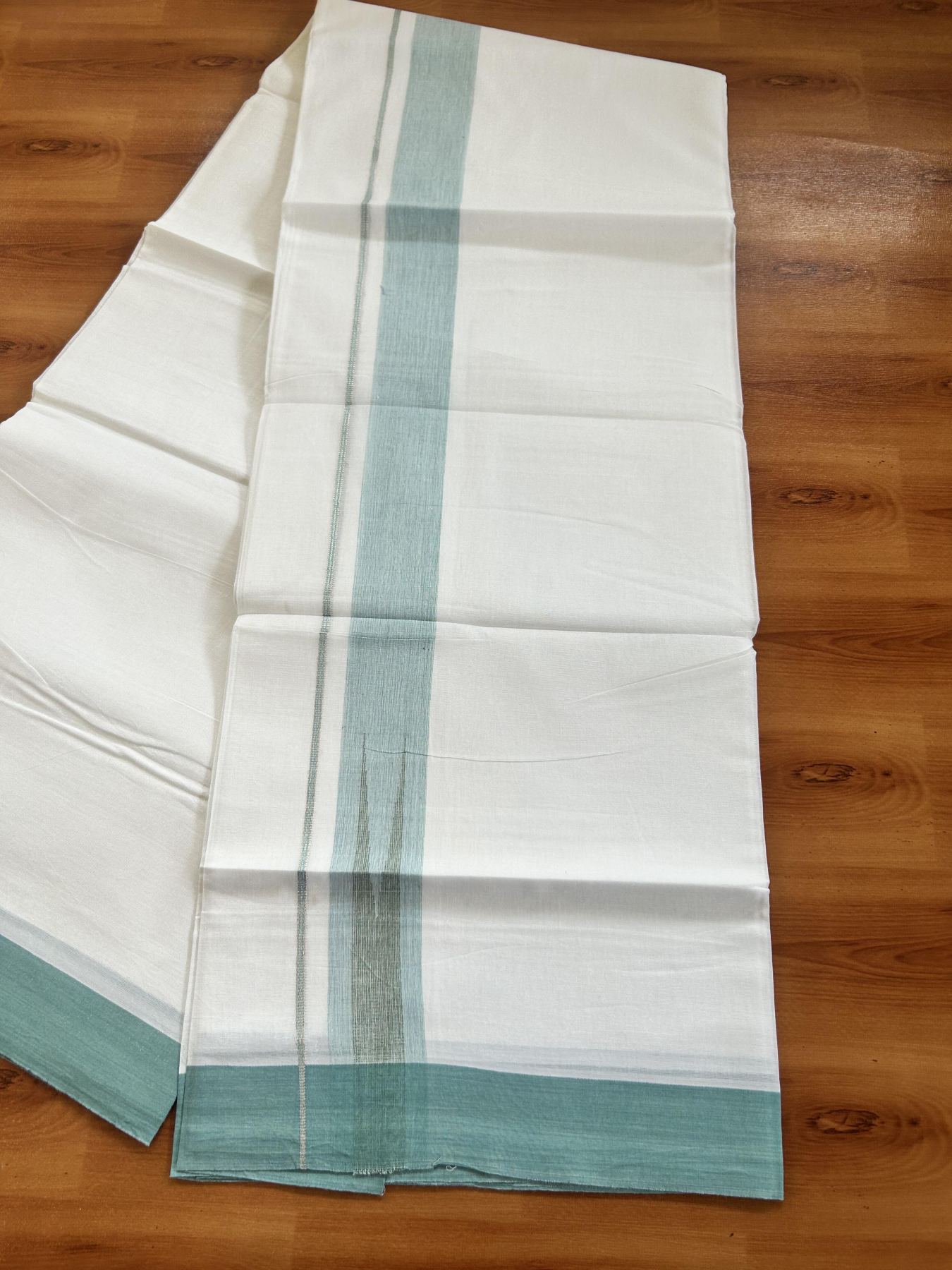 Double Pure White Mundu/Dhoti - 20% Discount !! KaithariKada Balaramapuram 100% Cotton - 100x80 - 1.5 inch Turquoise & Green Silver Chutty Kara 3.80 mtr (8 muzham) - 1 KK5414 CKS