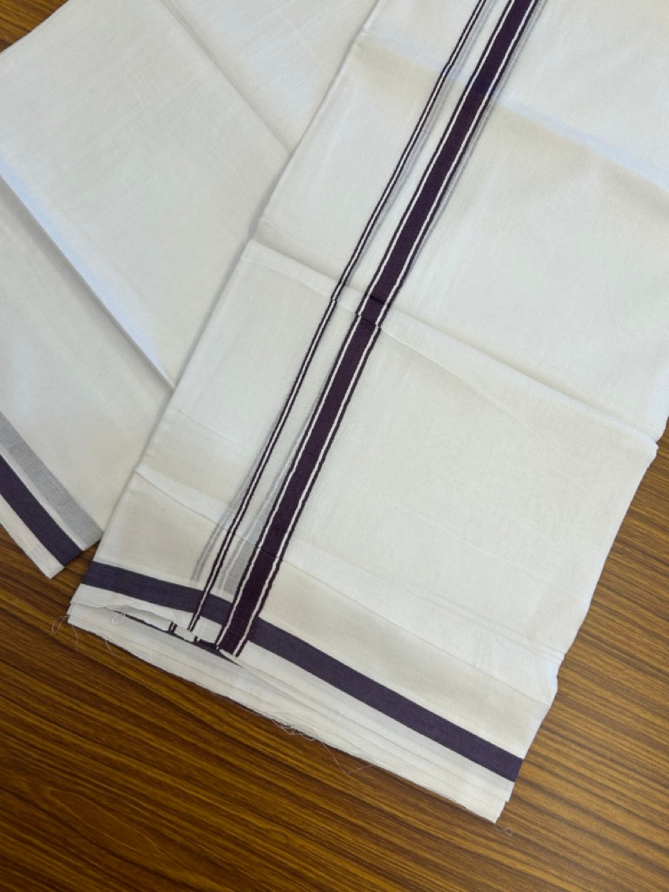 14% Discount! KaithariKada Balaramapuram 100% Cotton Double Pure white Mundu/Dhoti- 100x100 - 0.5 inch Violet Striped kara - 3.90mtr ( 8 muzham) - 61 KK5279 CKS