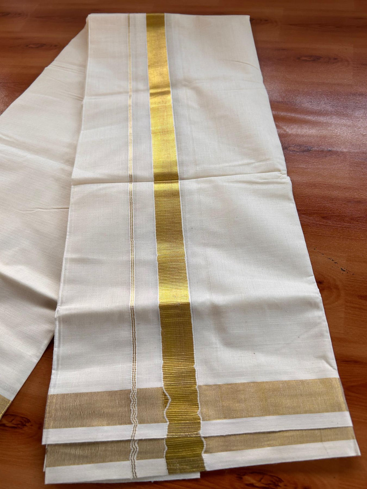 Neriyath Off White (Unbleached) - KaithariKada - 80x72 Mixed Cotton - 1 Inch Gold Kasavu Kara - 2.50 mtr (5.34 muzham)- 4 KK5532 VIN