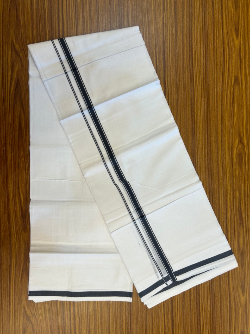 14% Discount! KaithariKada Balaramapuram 100% Cotton Double Pure white Mundu/Dhoti- 100x100 - 0.5 inch Blue Grey Striped kara - 3.90mtr ( 8 muzham) - 62 KK5279 CKS
