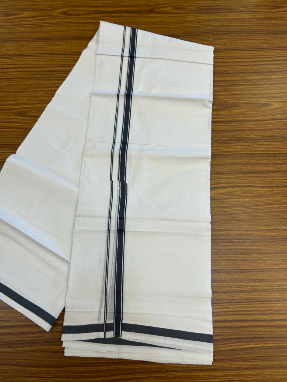 14% Discount! KaithariKada Balaramapuram 100% Cotton Double Pure white Mundu/Dhoti- 100x100 - 0.5 inch Blue Grey Striped kara - 3.90mtr ( 8 muzham) - 62 KK5279 CKS