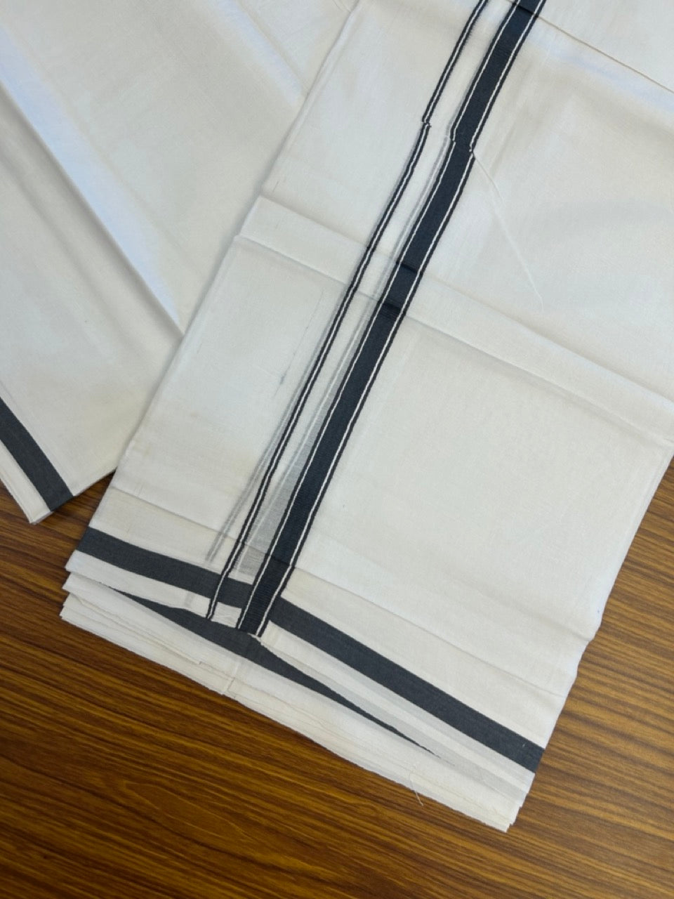 14% Discount! KaithariKada Balaramapuram 100% Cotton Double Pure white Mundu/Dhoti- 100x100 - 0.5 inch Blue Grey Striped kara - 3.90mtr ( 8 muzham) - 62 KK5279 CKS