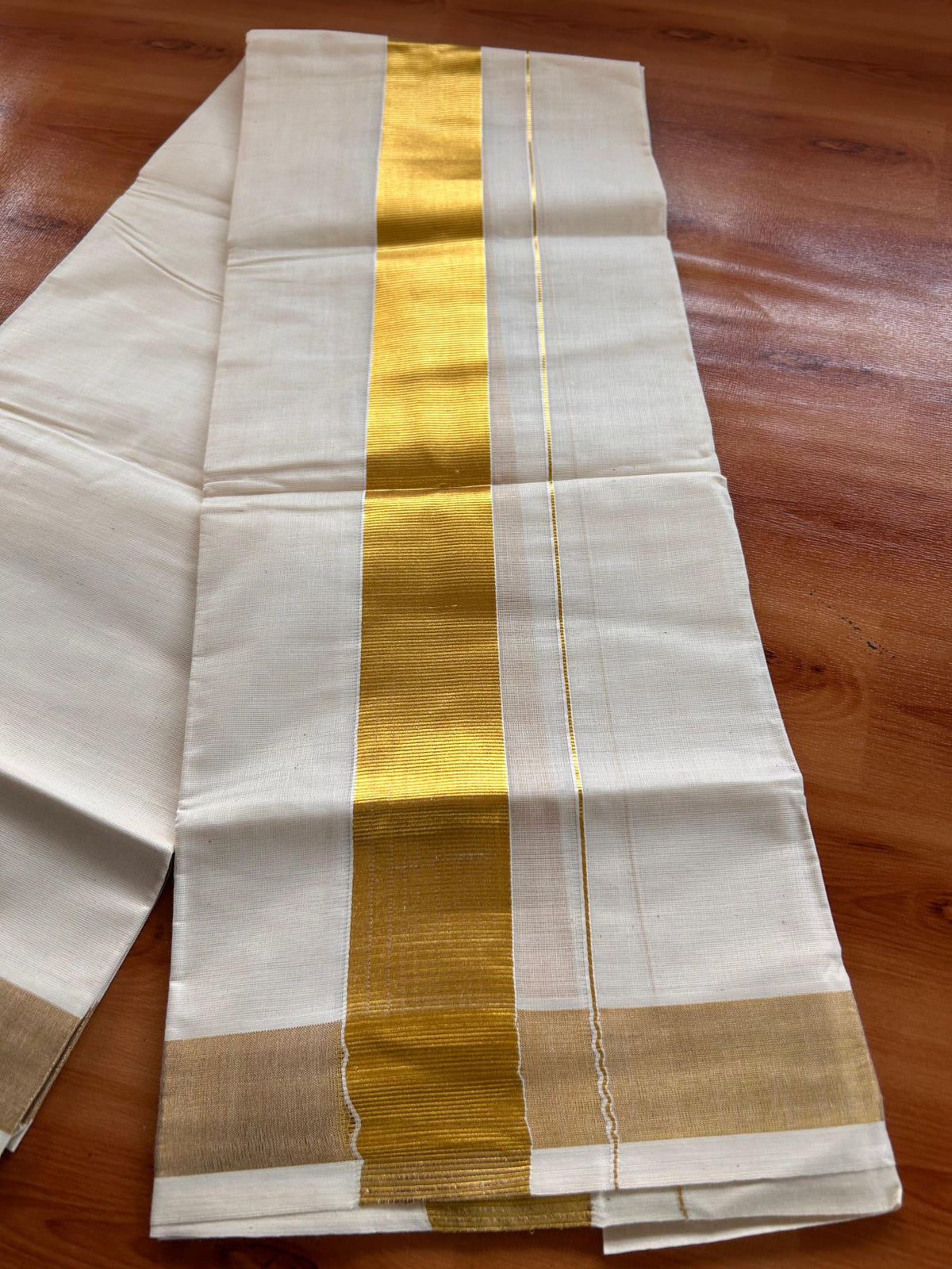 Neriyath Off White (Unbleached) - KaithariKada - 80x72 Mixed Cotton - 1.75 Inch Gold Kasavu Kara - 2.50 mtr (5.34 muzham) - 5 KK5532 VIN