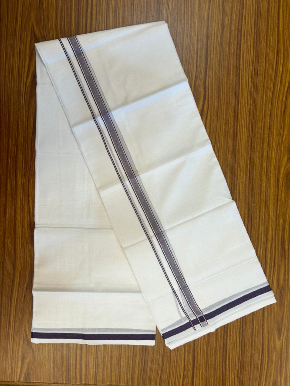 14% Discount! KaithariKada Balaramapuram 100% Cotton Double Pure white Mundu/Dhoti- 100x100 - 0.5 inch Violet Shaded Striped kara - 3.90mtr ( 8 muzham) - 63 KK5279 CKS