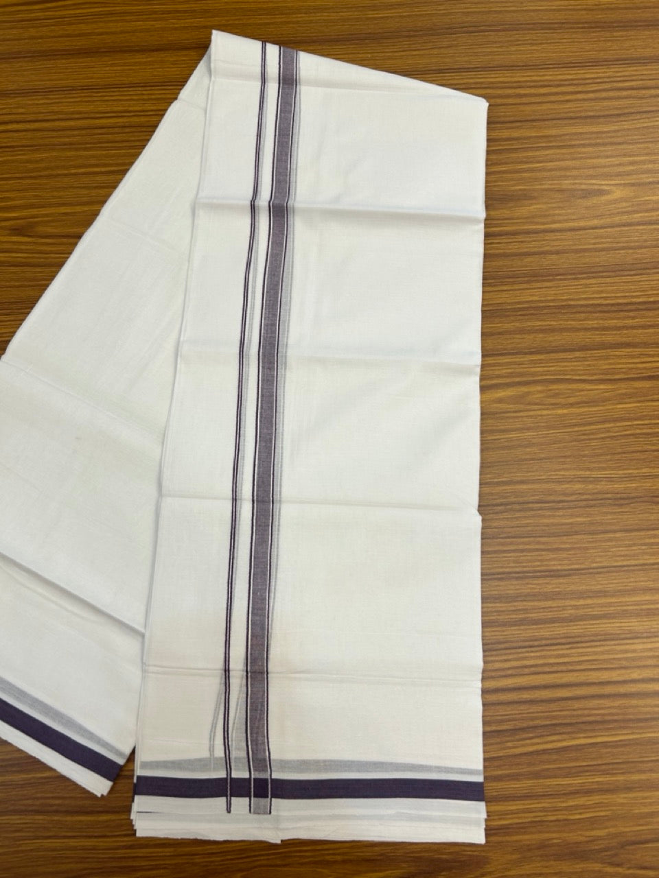 14% Discount! KaithariKada Balaramapuram 100% Cotton Double Pure white Mundu/Dhoti- 100x100 - 0.5 inch Violet Shaded Striped kara - 3.90mtr ( 8 muzham) - 63 KK5279 CKS