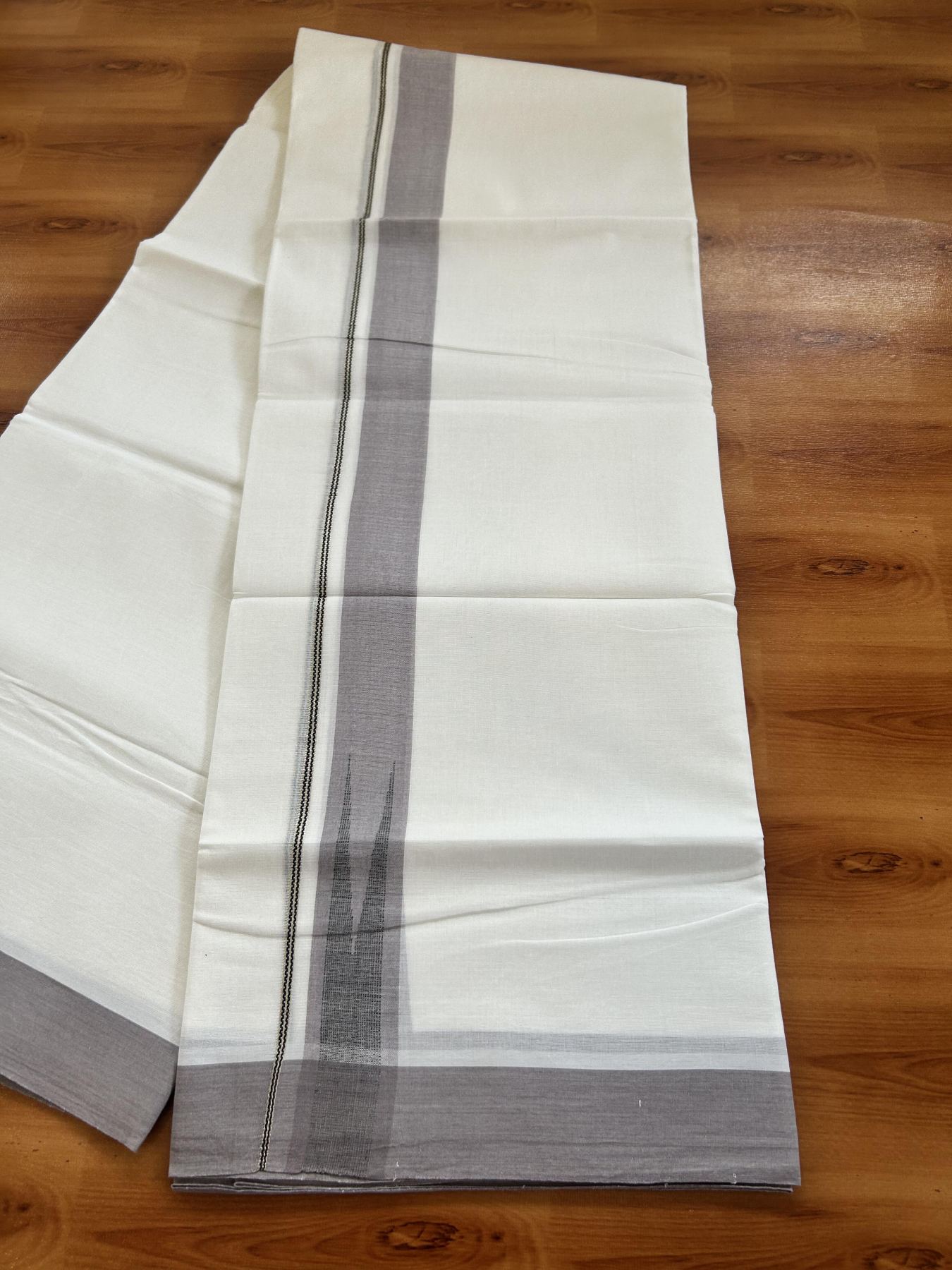 Double Pure White Mundu/Dhoti - 20% Discount !! KaithariKada Balaramapuram 100% Cotton - 100x80 - 1.5 inch Ash Lavender & Black Silver Chutty Kara 3.80 mtr (8 muzham) - 3 KK5414 CKS
