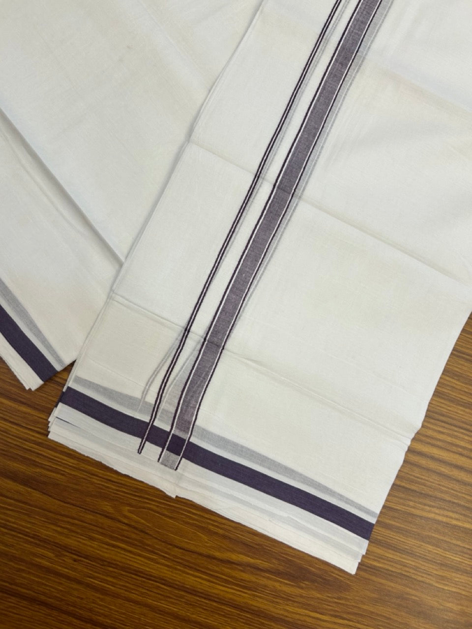 14% Discount! KaithariKada Balaramapuram 100% Cotton Double Pure white Mundu/Dhoti- 100x100 - 0.5 inch Violet Shaded Striped kara - 3.90mtr ( 8 muzham) - 63 KK5279 CKS