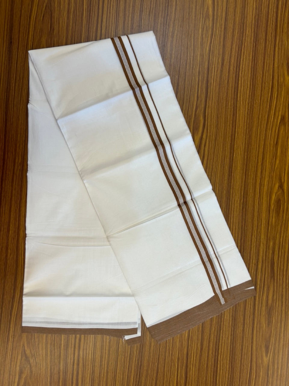 24% Discount! KaithariKada Balaramapuram 100% Cotton Double Pure white Mundu/Dhoti- 100x100 - 0.75 inch Walnut Brown Striped kara - 3.90mtr ( 8 muzham) - 44 KK5279 CKS