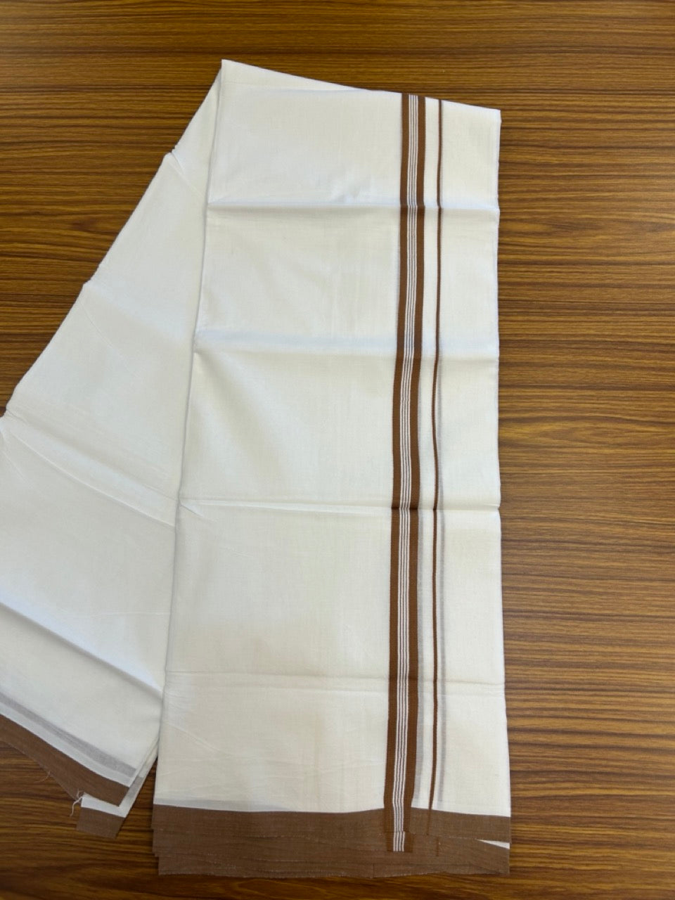 24% Discount! KaithariKada Balaramapuram 100% Cotton Double Pure white Mundu/Dhoti- 100x100 - 0.75 inch Walnut Brown Striped kara - 3.90mtr ( 8 muzham) - 44 KK5279 CKS