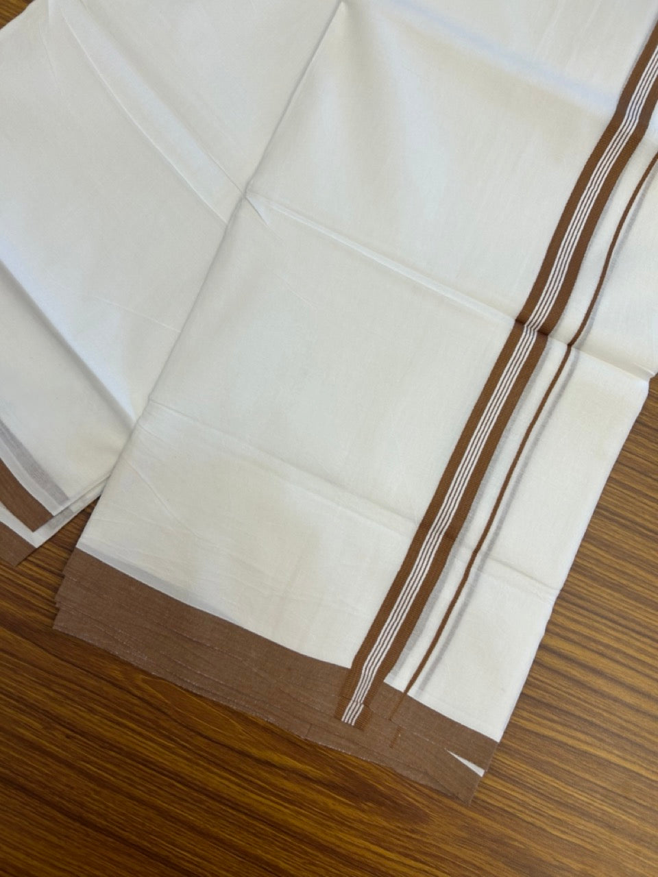 24% Discount! KaithariKada Balaramapuram 100% Cotton Double Pure white Mundu/Dhoti- 100x100 - 0.75 inch Walnut Brown Striped kara - 3.90mtr ( 8 muzham) - 44 KK5279 CKS