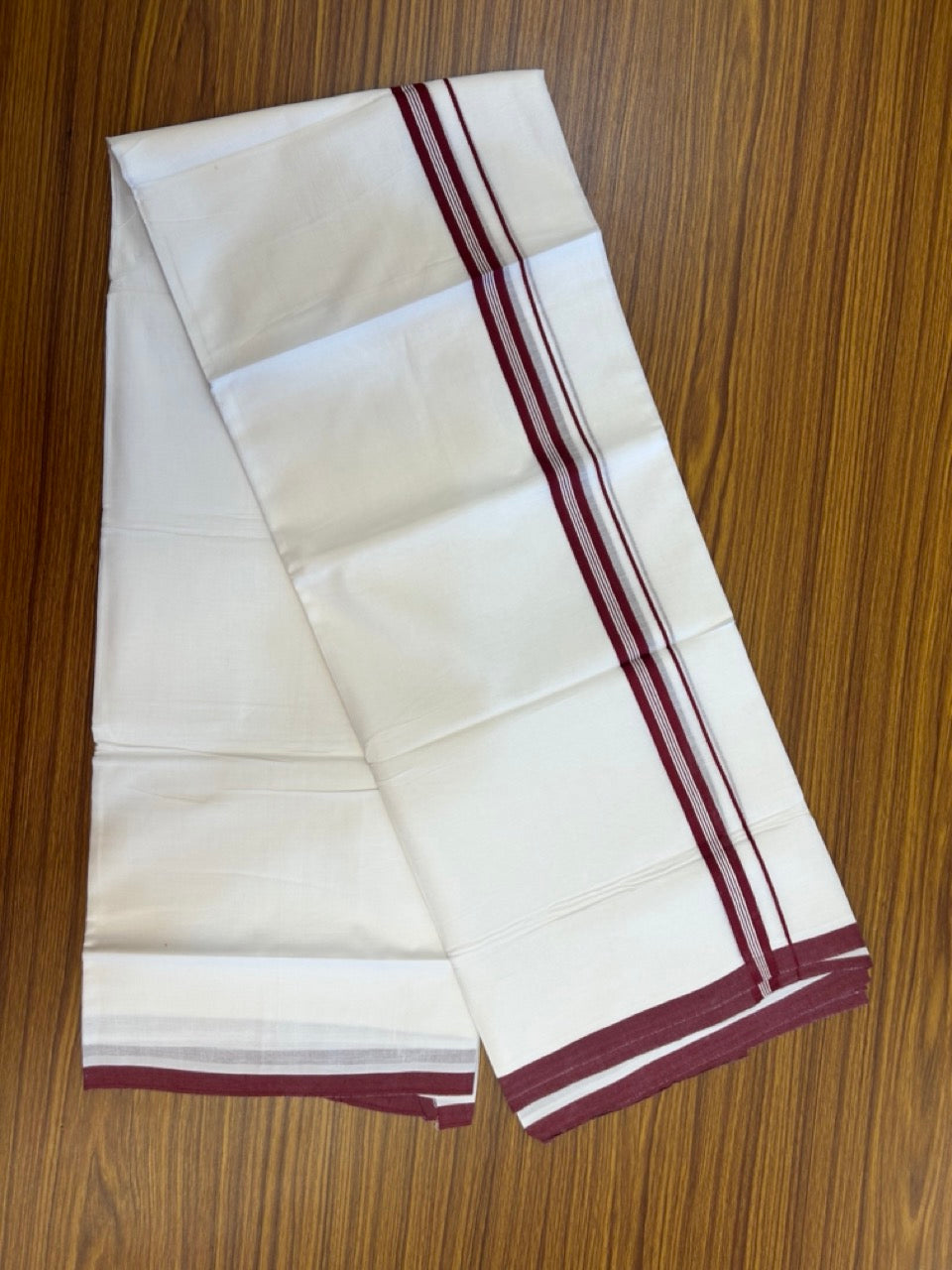 24% Discount! KaithariKada Balaramapuram 100% Cotton Double Pure white Mundu/Dhoti- 100x100 - 0.75 inch Maroon Striped kara - 3.90mtr ( 8 muzham) - 45 KK5279 CKS