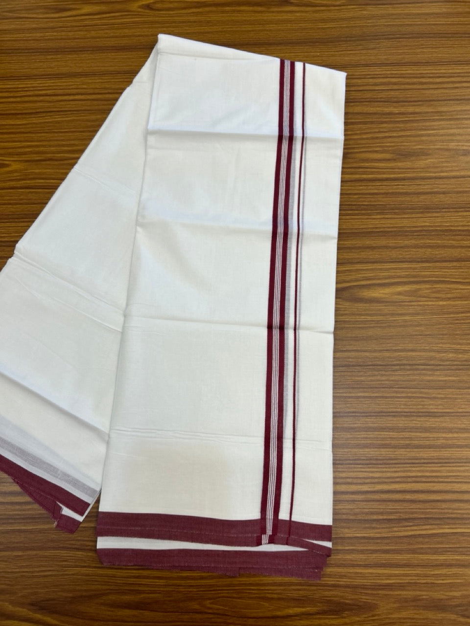 24% Discount! KaithariKada Balaramapuram 100% Cotton Double Pure white Mundu/Dhoti- 100x100 - 0.75 inch Maroon Striped kara - 3.90mtr ( 8 muzham) - 45 KK5279 CKS