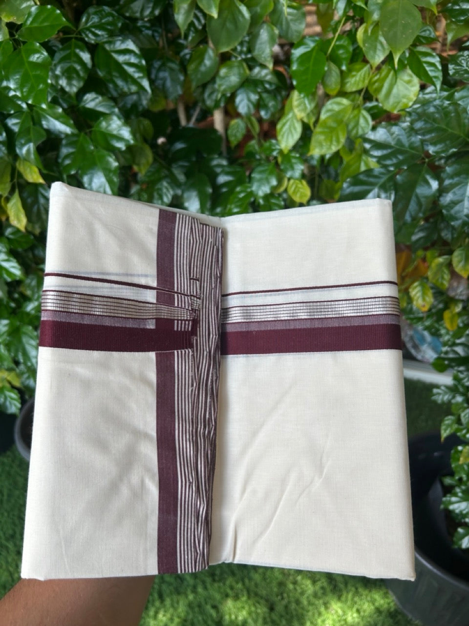 25% Discount ! KaithariKada Handloom Millpaav Balaramapuram - 100% PURE Cotton OFF White (Unbleached) Double Mundu/Dothi - 80x90 - 1.5 inch Silver Kasav & Dark Maroon Shaded Striped Kara 4 Meters (8.5 Muzham) - 22 KK5256 RAM