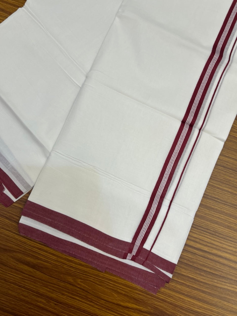 24% Discount! KaithariKada Balaramapuram 100% Cotton Double Pure white Mundu/Dhoti- 100x100 - 0.75 inch Maroon Striped kara - 3.90mtr ( 8 muzham) - 45 KK5279 CKS