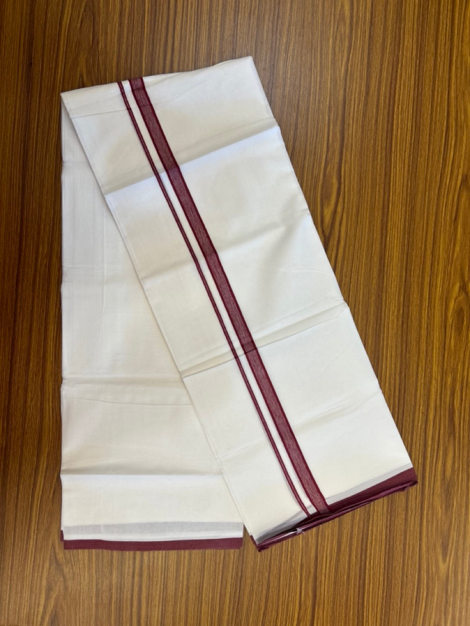 24% Discount! KaithariKada Balaramapuram 100% Cotton Double Pure white Mundu/Dhoti- 100x100 - 0.75 inch Maroon Shaded kara - 3.90mtr ( 8 muzham) - 46 KK5279 CKS