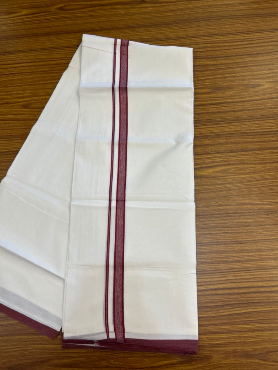 24% Discount! KaithariKada Balaramapuram 100% Cotton Double Pure white Mundu/Dhoti- 100x100 - 0.75 inch Maroon Shaded kara - 3.90mtr ( 8 muzham) - 46 KK5279 CKS