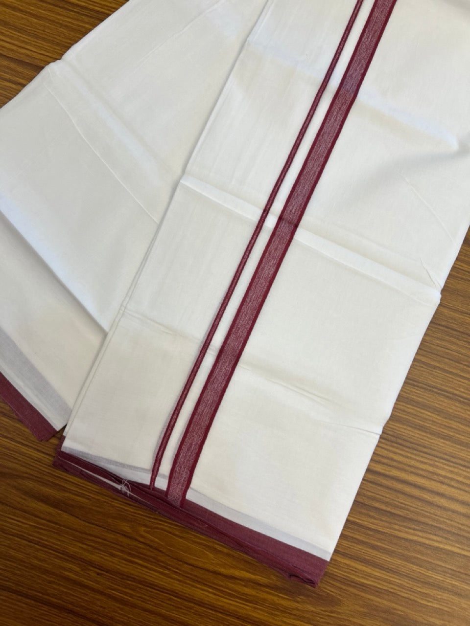 24% Discount! KaithariKada Balaramapuram 100% Cotton Double Pure white Mundu/Dhoti- 100x100 - 0.75 inch Maroon Shaded kara - 3.90mtr ( 8 muzham) - 46 KK5279 CKS