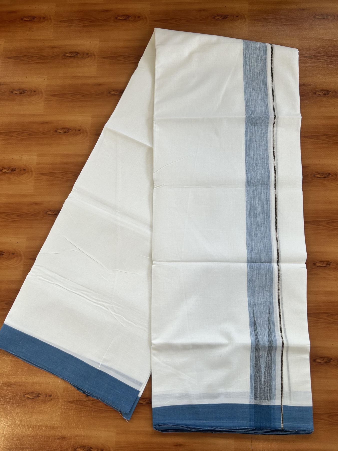Double Pure White Mundu/Dhoti - 20% Discount !! KaithariKada Balaramapuram 100% Cotton - 100x80 - 1.5 inch Denim Blue & Black Silver Chutty Kara 3.80 mtr (8 muzham) - 6 KK5414 CKS