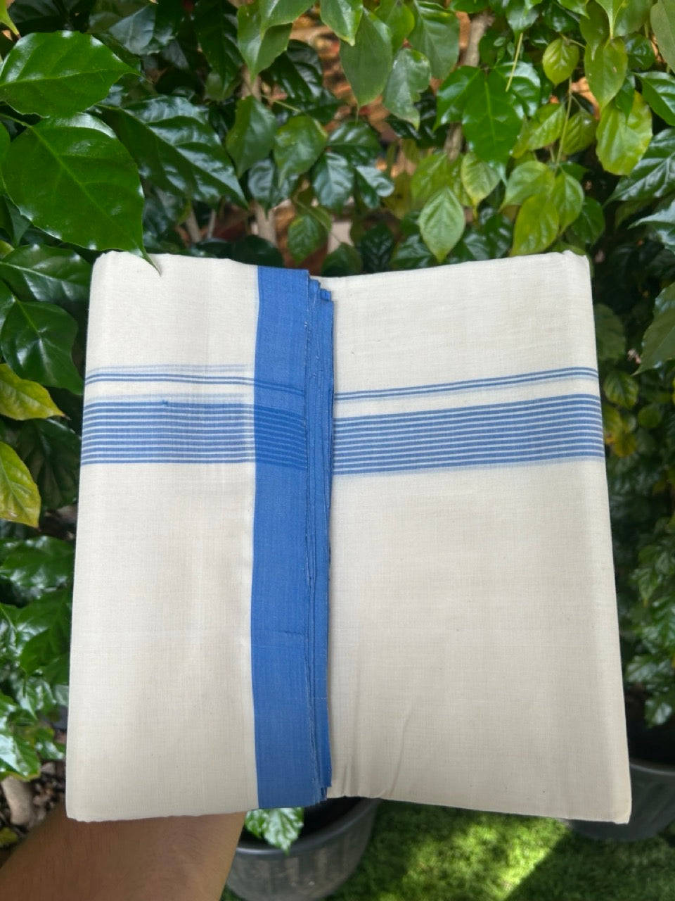 25% Discount ! KaithariKada Handloom Millpaav Balaramapuram - 100% PURE Cotton OFF White (Unbleached) Double Mundu/Dothi - 80x90 - 1 inch Blue Striped Kara 4 Meters (8.5 Muzham) - 28 KK5256 RAM