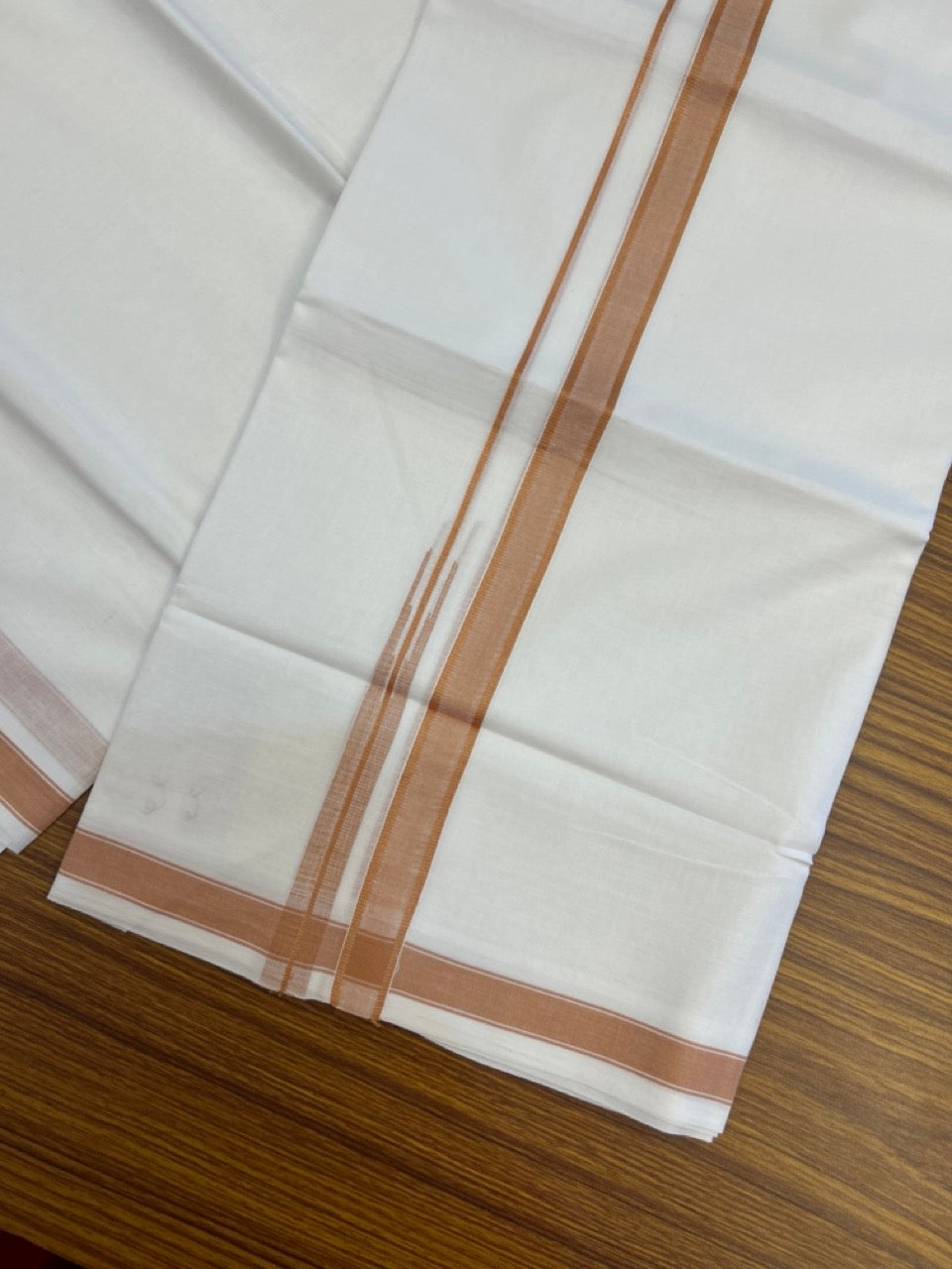 5% Discount! KaithariKada Balaramapuram 100% Cotton Double Pure white Mundu/Dhoti- 100x100 - 0.75 inch Puliyilakkara Pastel Orange Shaded One Side Chutty Kara - 3.90 mtr (8 muzham) - 48 KK5279 CKS