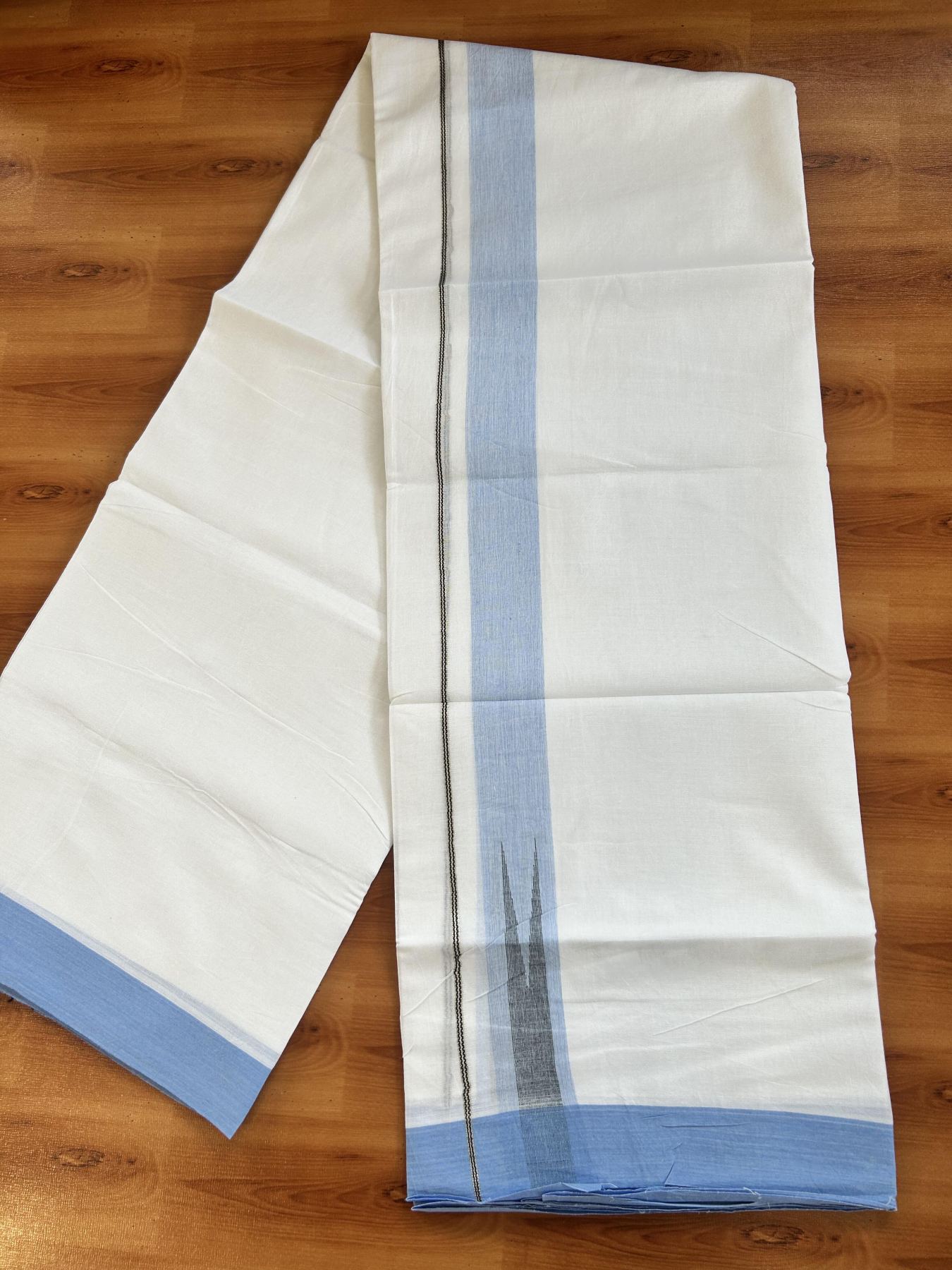 Double Pure White Mundu/Dhoti - 20% Discount !! KaithariKada Balaramapuram 100% Cotton - 100x80 - 1.5 inch Sky Blue & Black Silver Chutty Kara 3.80 mtr (8 muzham) - 8 KK5414 CKS