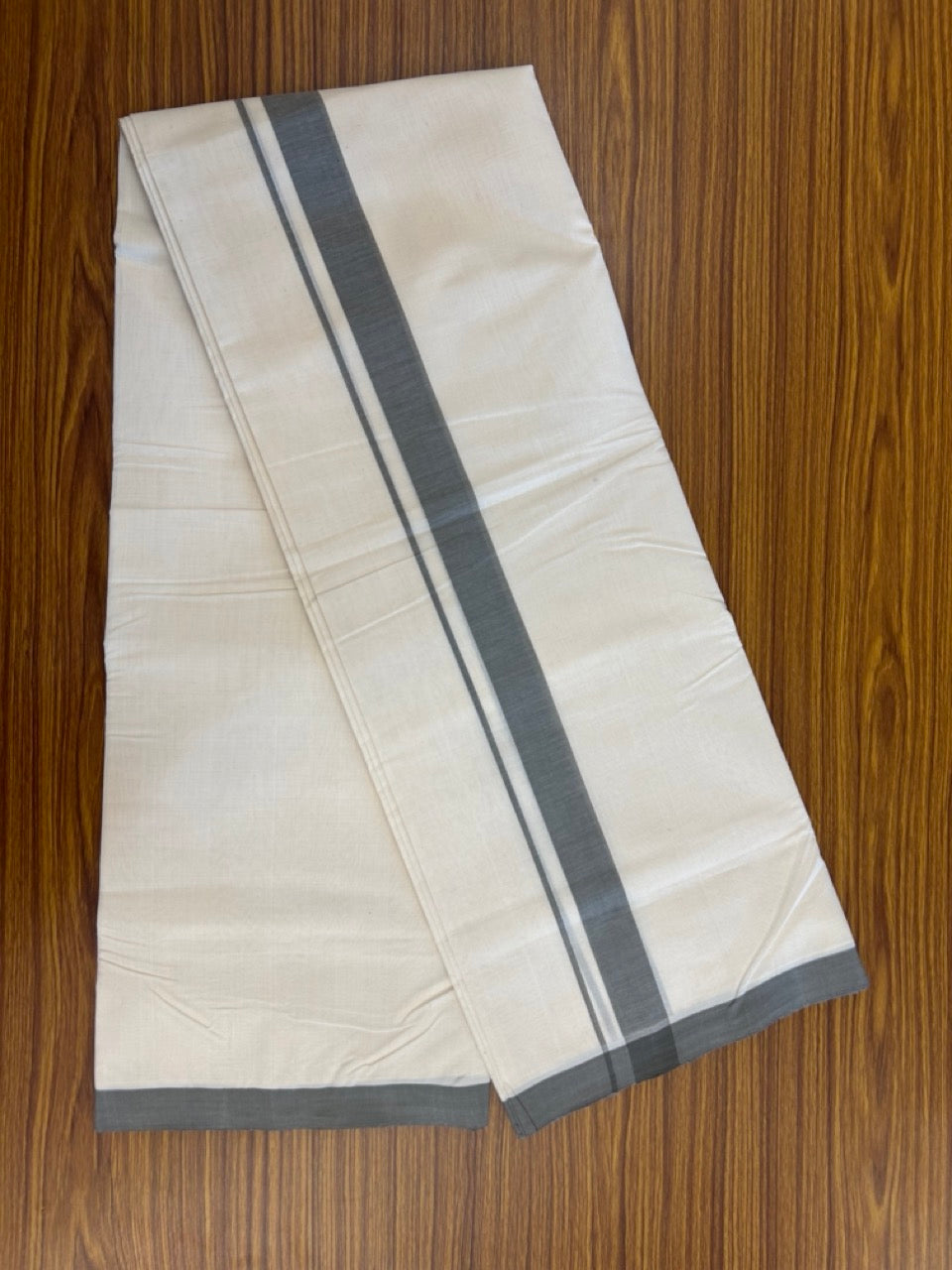 25% Discount ! KaithariKada Handloom Millpaav Balaramapuram - 100% PURE Cotton OFF White (Unbleached) Double Mundu/Dothi - 80x90 - 1.25 inch Grey Mulloth Kara 4 Meters (8.5 Muzham) - 1 KK5256 RAM